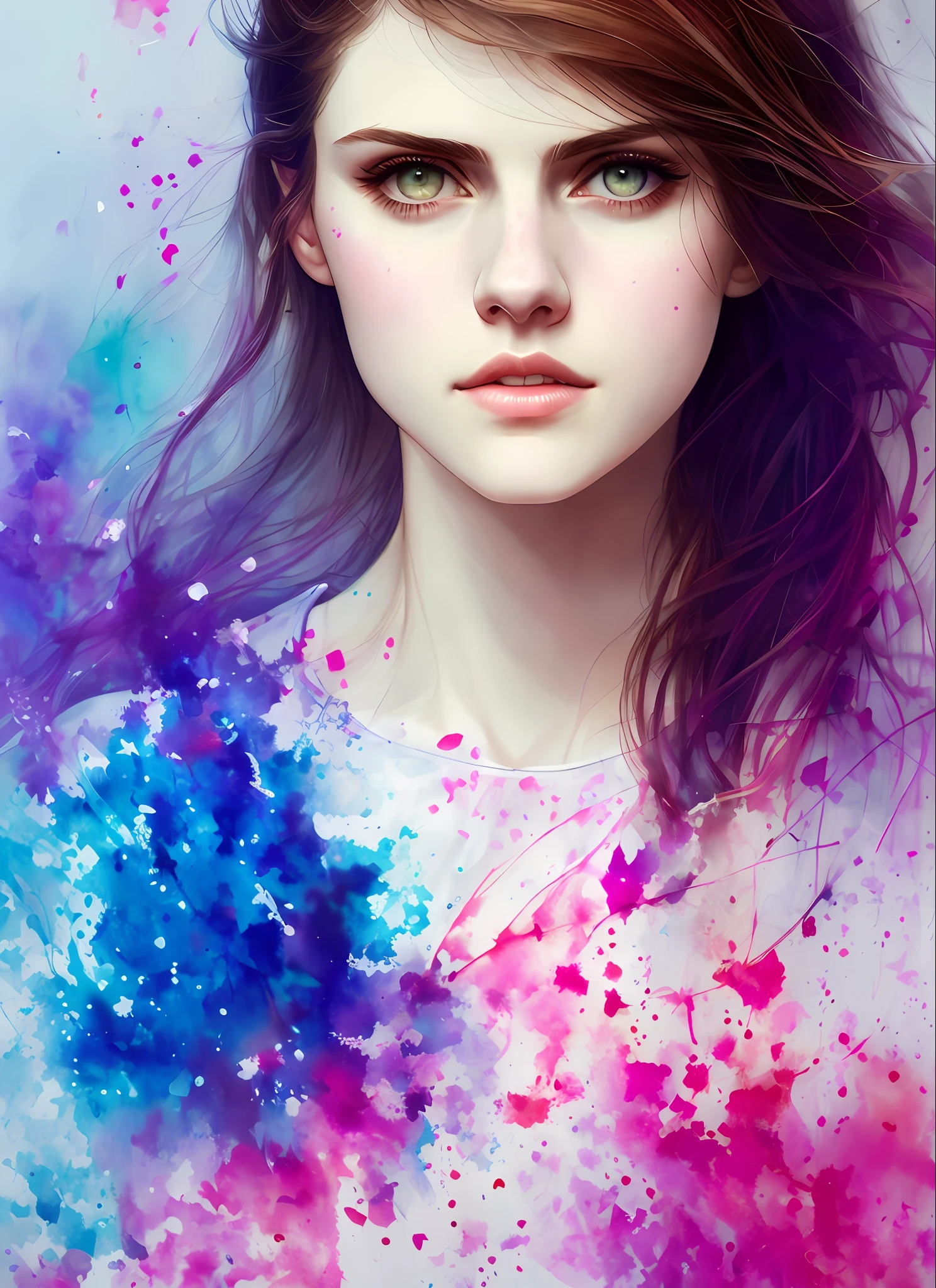 Alexandra Daddario by agnes cecile, luminous design, pastel colours, ink drips, autumn lights