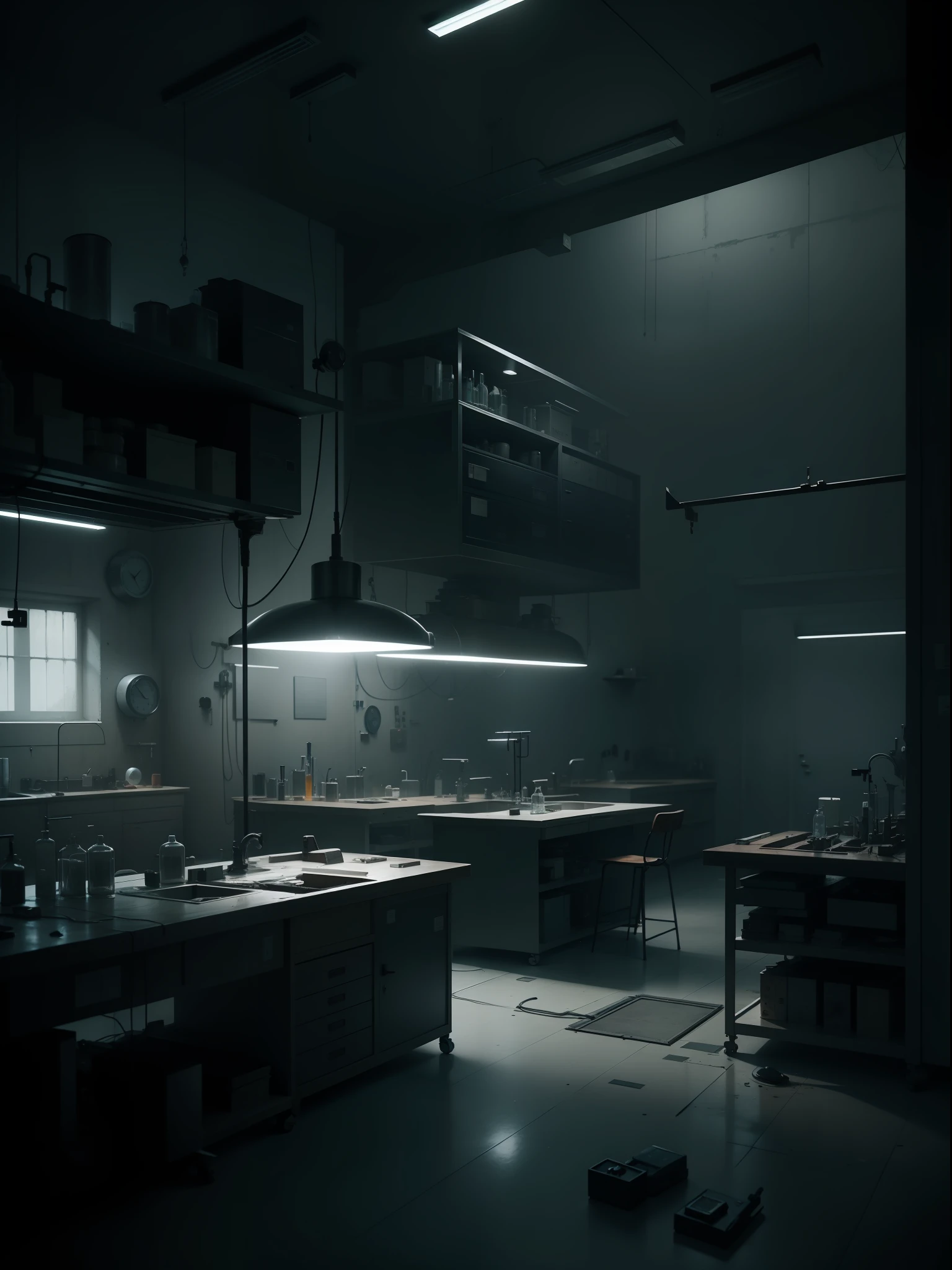 A dark and eerie laboratory with a view focused on the operating table