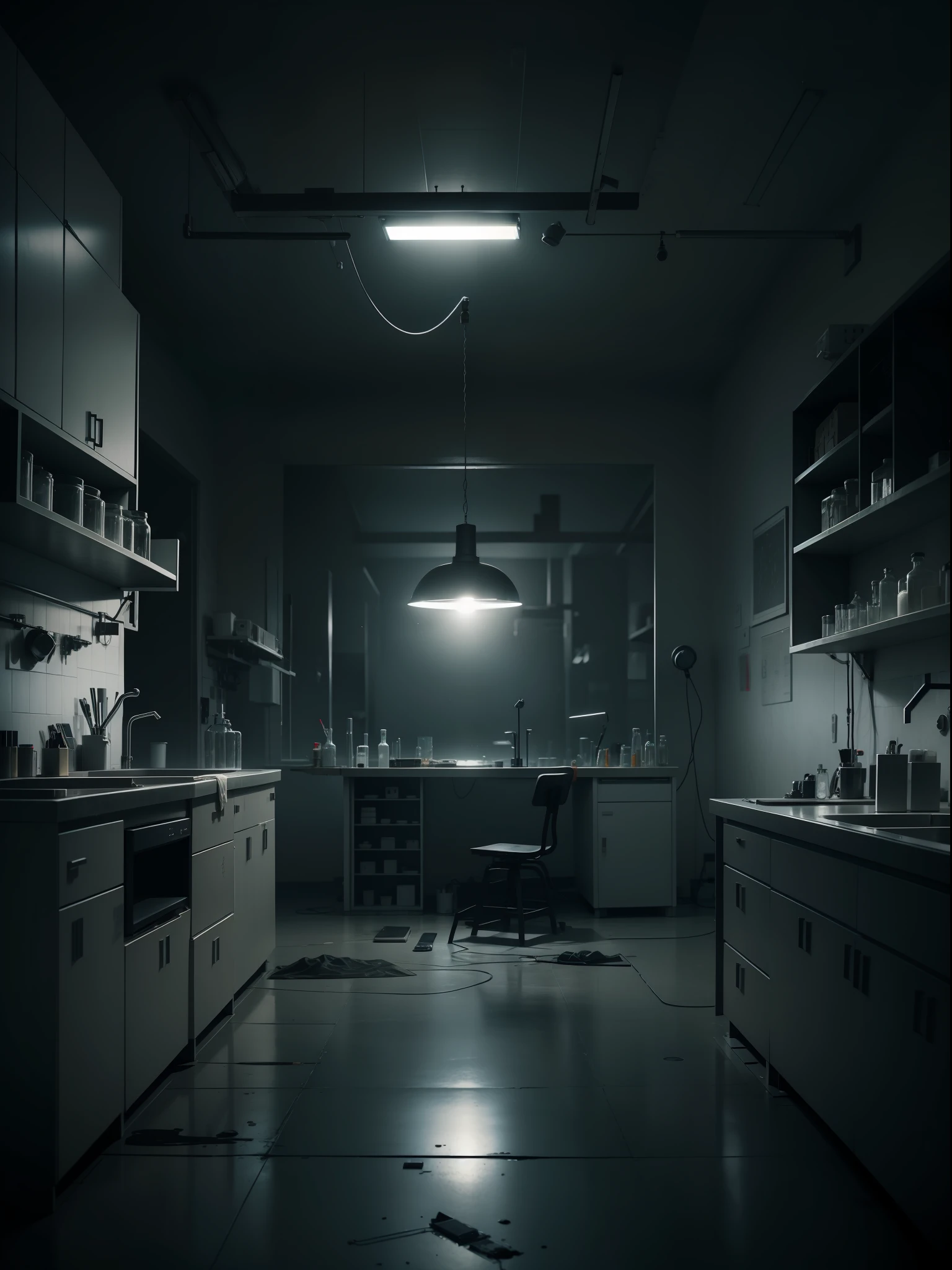 A dark and eerie laboratory with a view focused on the operating table