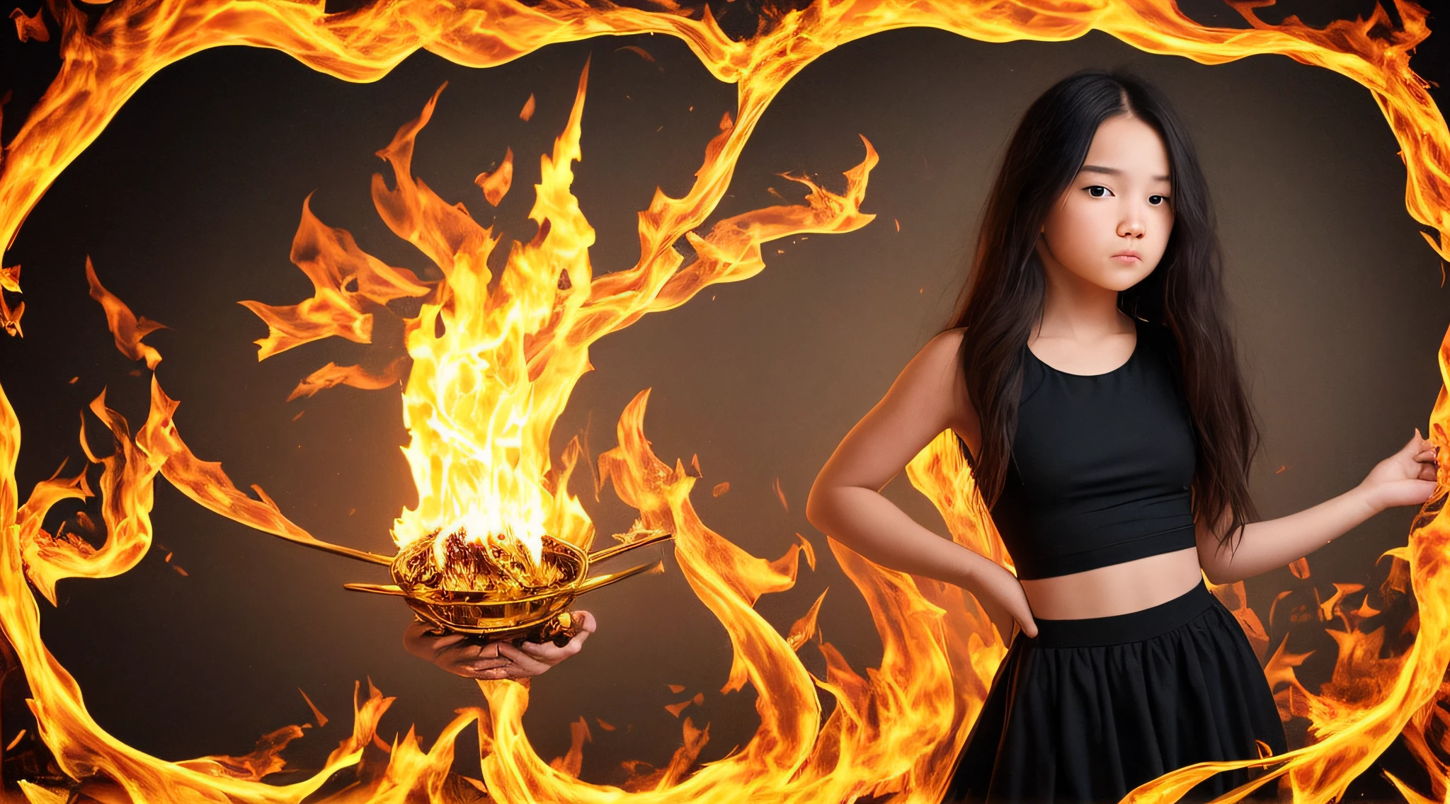 image (), long hair gold, surrounded by fire, in a black dress with a black top, new music, tiktok video, tiktok 4k uhd image, tiktok, trending on tiktok, trending on spotify, music album art, new album cover, real trending on instagram image, very low quality image, blurry, meme format,  an album cover