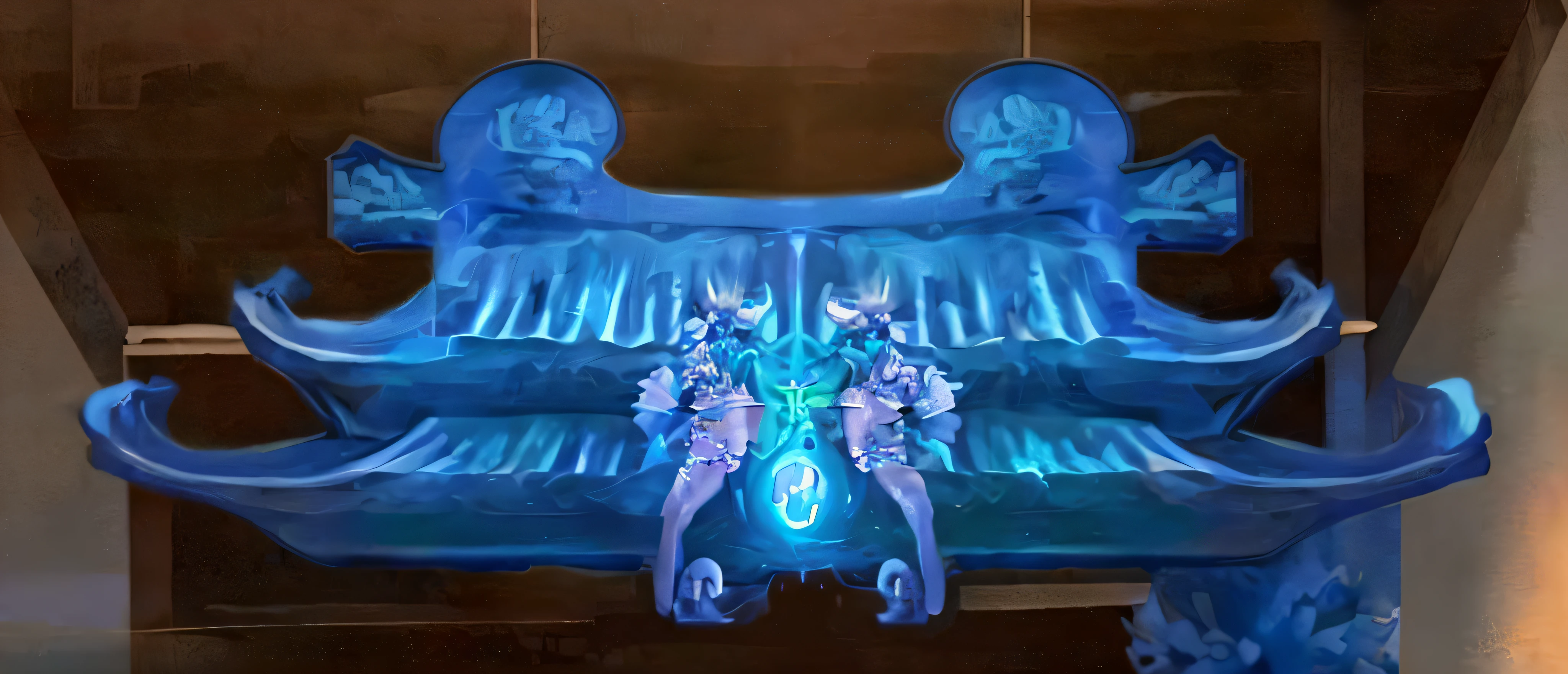 there is a blue sculpture of a building with a dragon on it, glowing imperial motifs, ancient symbol behind it, ( ( ( aquarium bed ) ) ) ), queen of the sea mu yanling, ((((exotic artifacts)))), cyan chinese dragon fantasy, undersea temple, water temple, jellyfish temple, imperial symbol, normal map