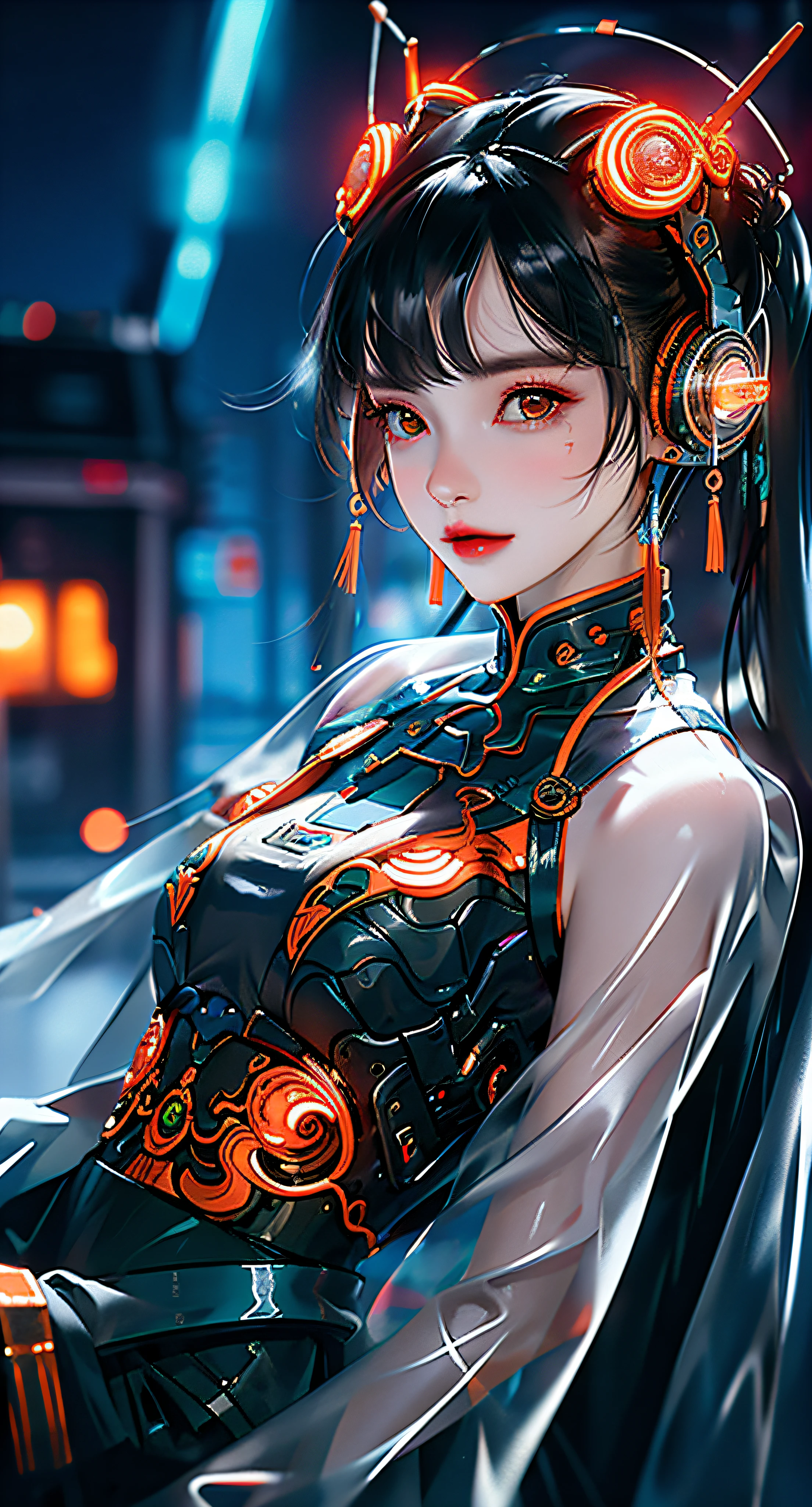1 girl, Chinese_clothes, liquid silver and orange, cyberhan, cheongsam, cyberpunk city, dynamic pose, glowing headphones, glowing hair accessories, long hair, glowing earrings, glowing necklace, cyberpunk, high-tech city, full of mechanical and futuristic elements, futurism, technology, glowing neon, orange, orange light, transparent tulle, transparent streamers, laser, digital background urban sky, big moon, with vehicles, best quality, masterpiece, 8K, character edge light, Super high detail, high quality, the most beautiful woman in human beings, micro smile, symmetrical left and right face, an antenna for ears, beautiful pupil light effects, visual data