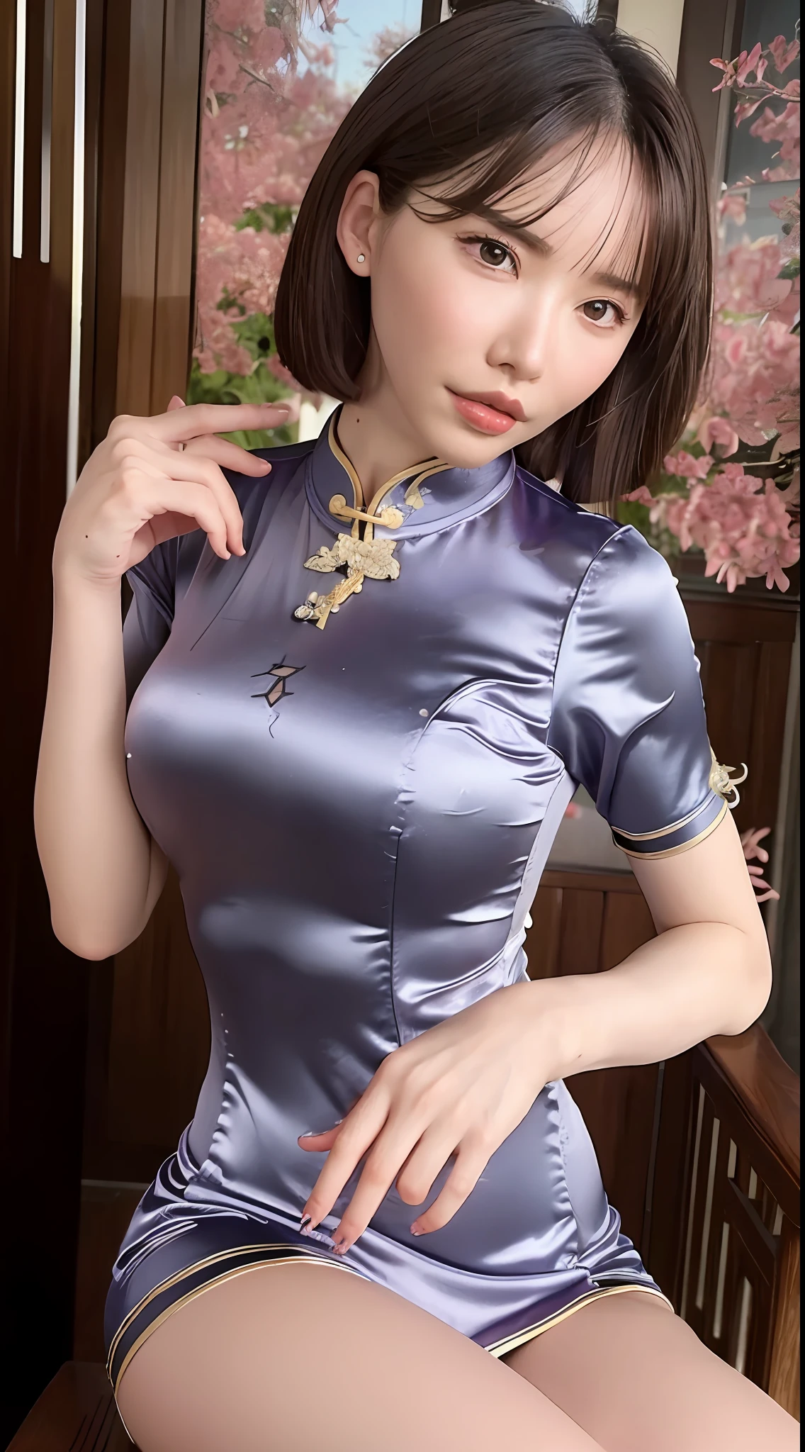 Best quality, best image quality, highest resolution, super detail, cheongsam, short sleeve long cheongsam, cheongsam material is satin, shiny and soft and smooth to the touch, tight cheongsam, no underwear is worn, Chest is C cup, full body shooting so that the face can also enter, the subject is alone, taken outdoors, soaking wet, sweaty,