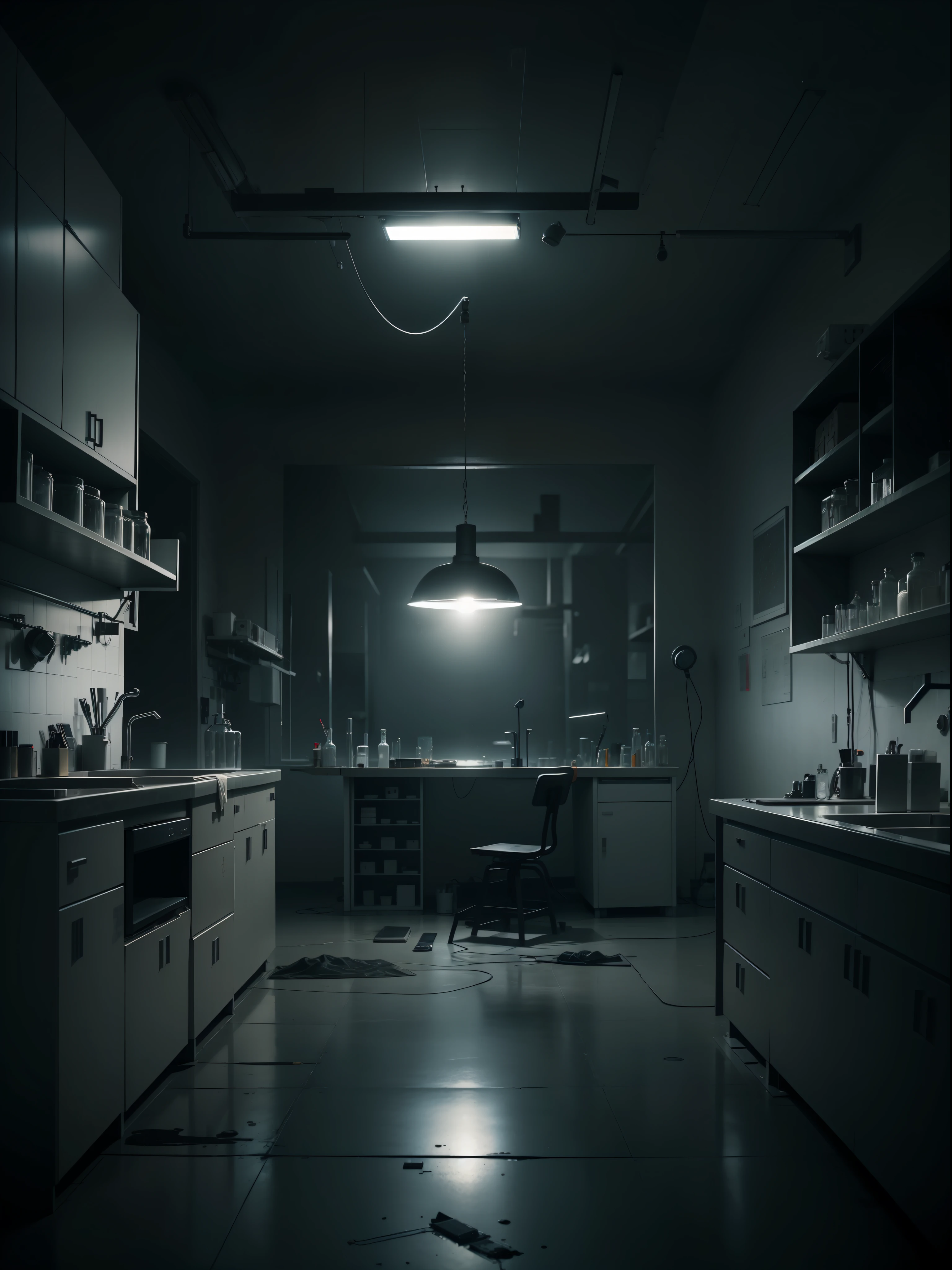 A dark and eerie laboratory with a view focused on the operating table