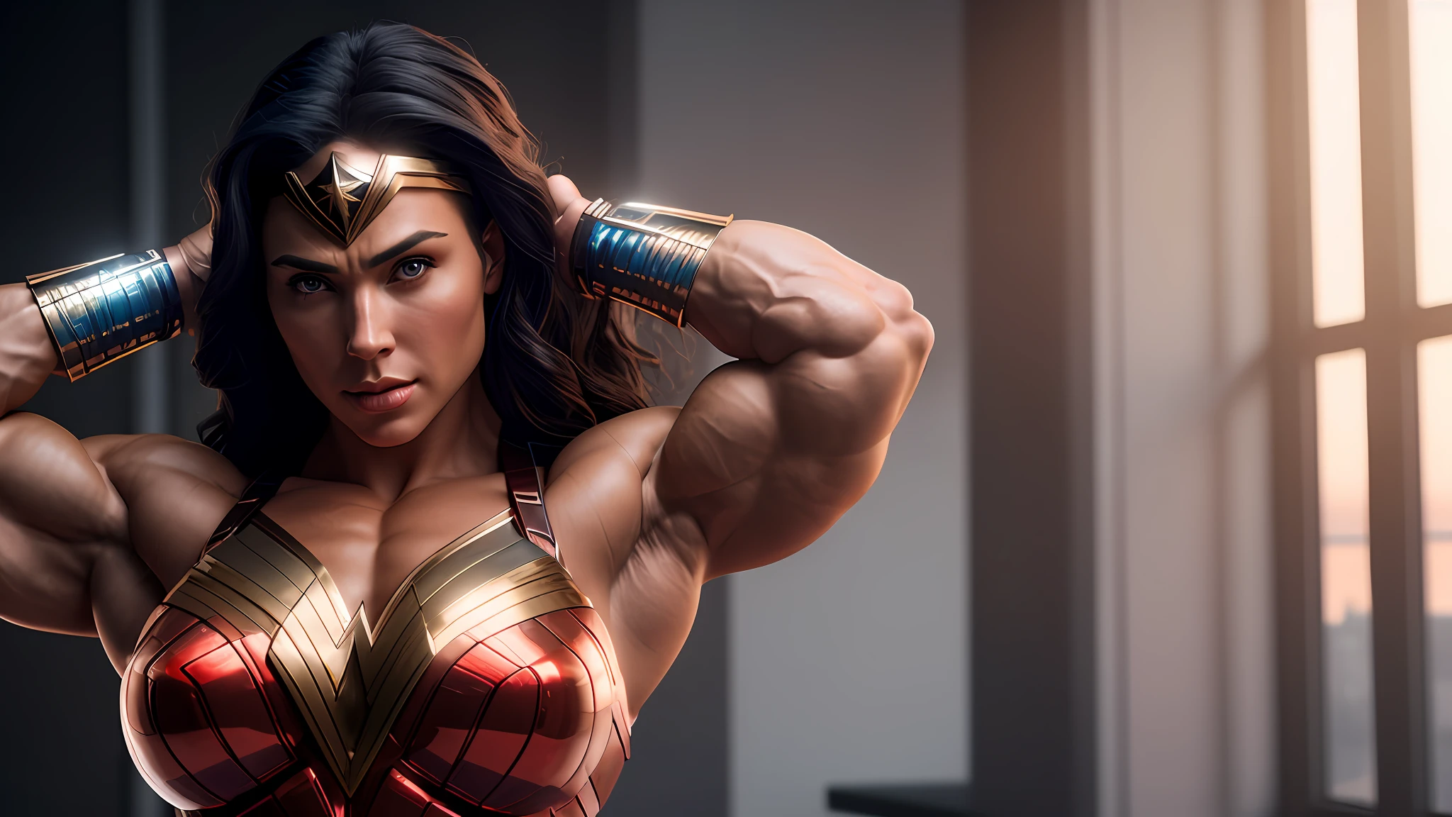 Cinematic soft lighting illuminates a stunningly detailed and ultra-realistic Wonder Woman bodybuilder, muscular, red and blue armor that is trending on ArtStation. Octane is the perfect tool to capture the softest details of this 16k photography masterpiece