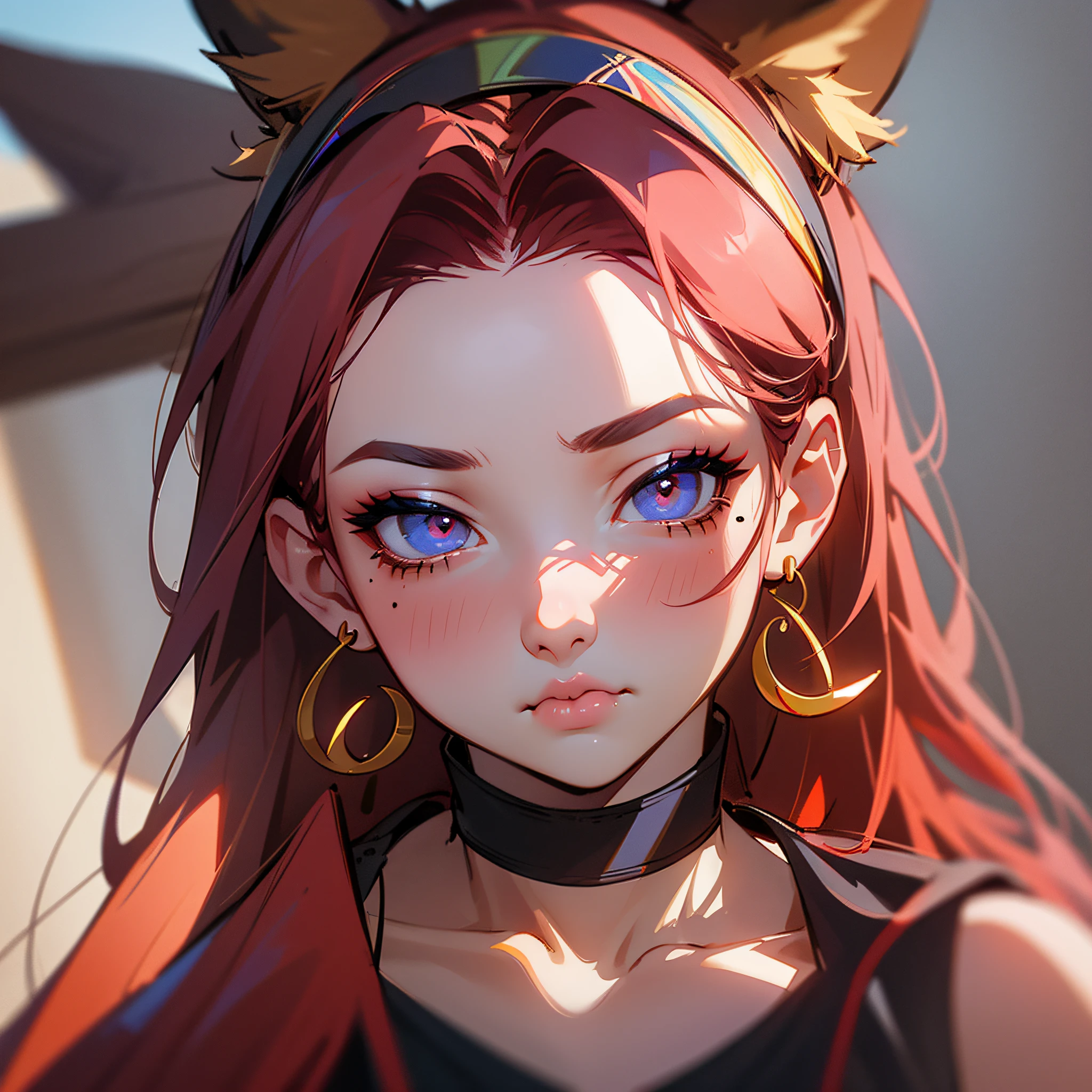 fox ears, pout, covered eyes, streaked hair, red hairband, mole under eye, crescent earrings, makeup, Hyperrealism, chiaroscuro, bust chart, first-person view, UHD, UHD --auto --s2