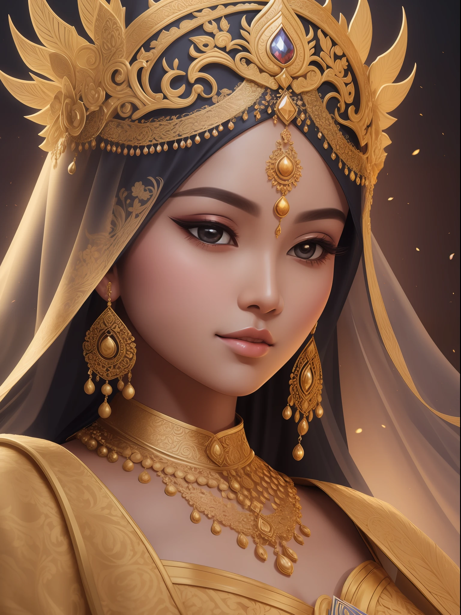 Digital illustration,
Intricately digital art painting, Artistic representation of Putri Anarawati, a legendary princess from Indonesian folklore, known for her beauty and grace, use Long sleeve clothes with hijab in traditional Javanese, face detailed
Lighting: Soft and ethereal light, creating a dreamy atmosphere with shadows
Camera: Close-up
Shot: Graceful pose
Render: Detailed with dreamcore, and a touch of fantasy