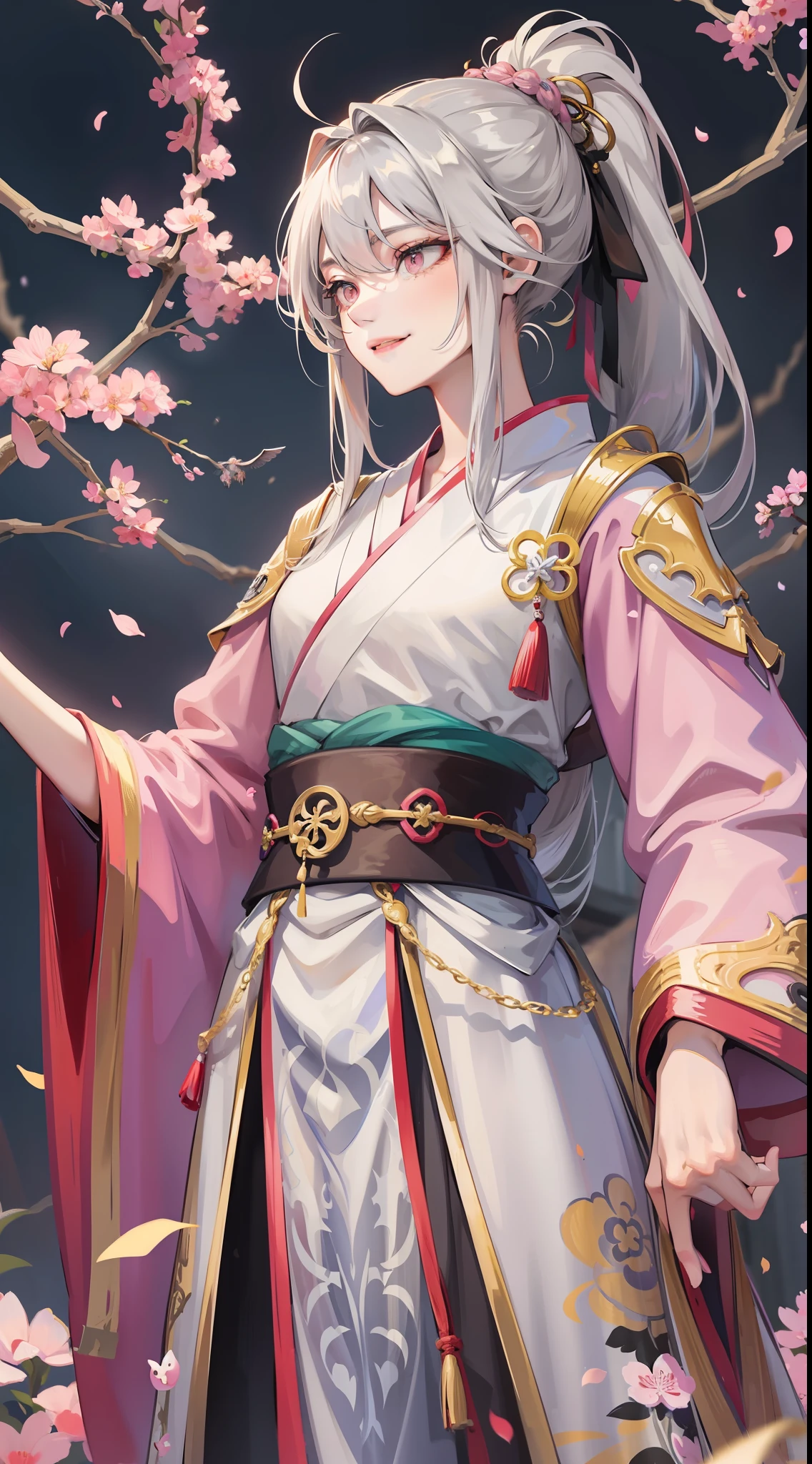 Young tall guy, long gray hair, pink eyes, high ponytail, hanfu, spear, smile, herons, masterpiece, high quality