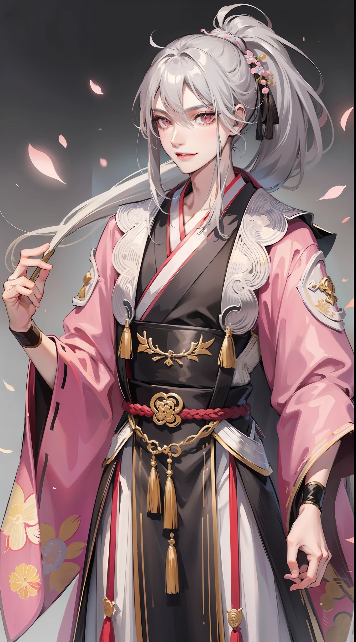 Young tall guy, long gray hair, pink eyes, high ponytail, hanfu, spear, smile, herons, masterpiece, high quality