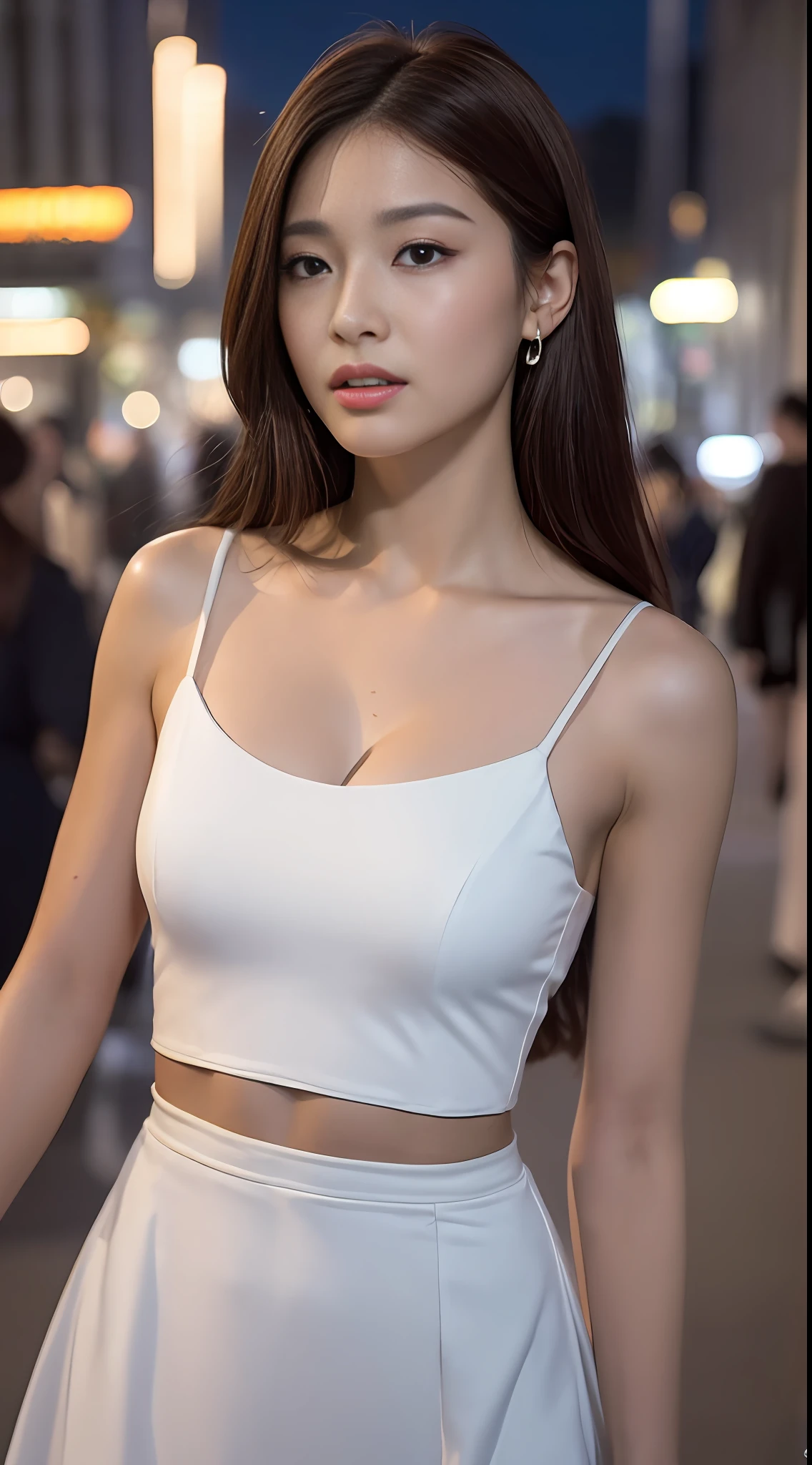 ((Realistic lighting, Best quality, 8K, Masterpiece: 1.3)), Focus: 1.2, 1girl, Perfect Figure: 1.4, Slim Abs: 1.1, ((Dark brown hair)), (White dress: 1.4), (Outdoor, Night: 1.1), City streets, Super fine face, Fine eyes, Double eyelids,