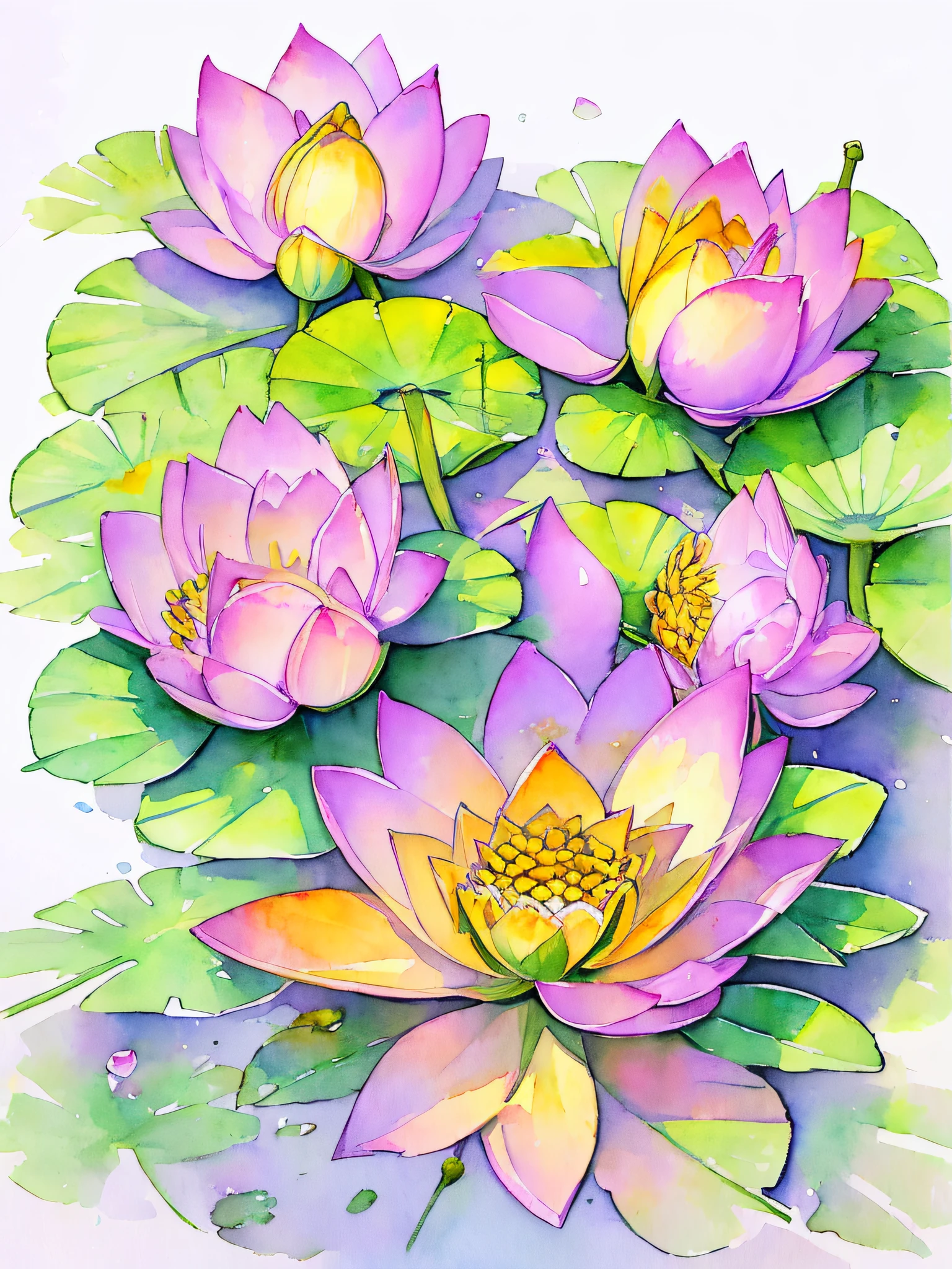 top view lotus flowers on the water surface, highly detailed render, concept art, depth of field, bokeh, octane render, sunny mystical atmosphere Elemental flowers, 32k, watercolor