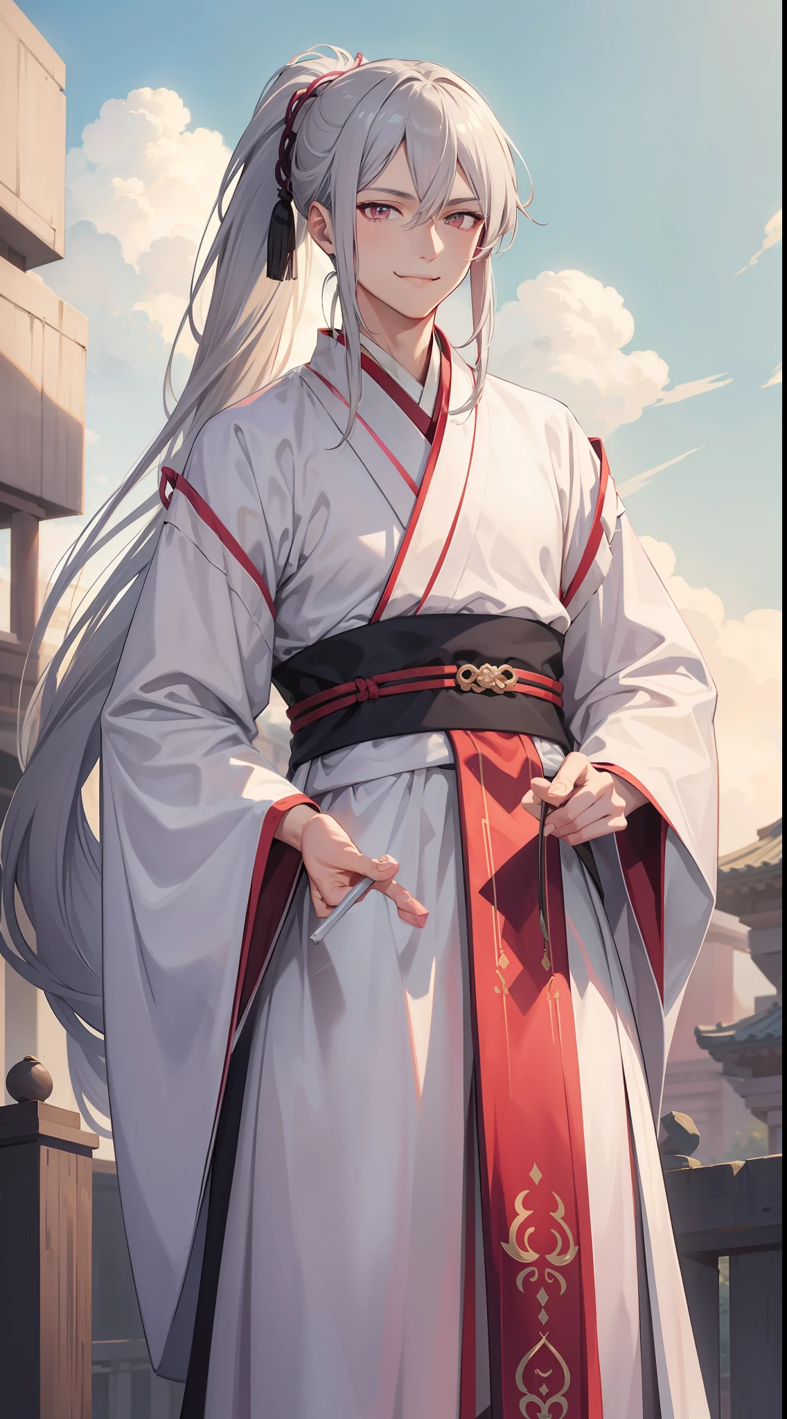 Young tall guy, long gray hair, pink eyes, high ponytail, hanfu, spear, smile, herons, masterpiece, high quality