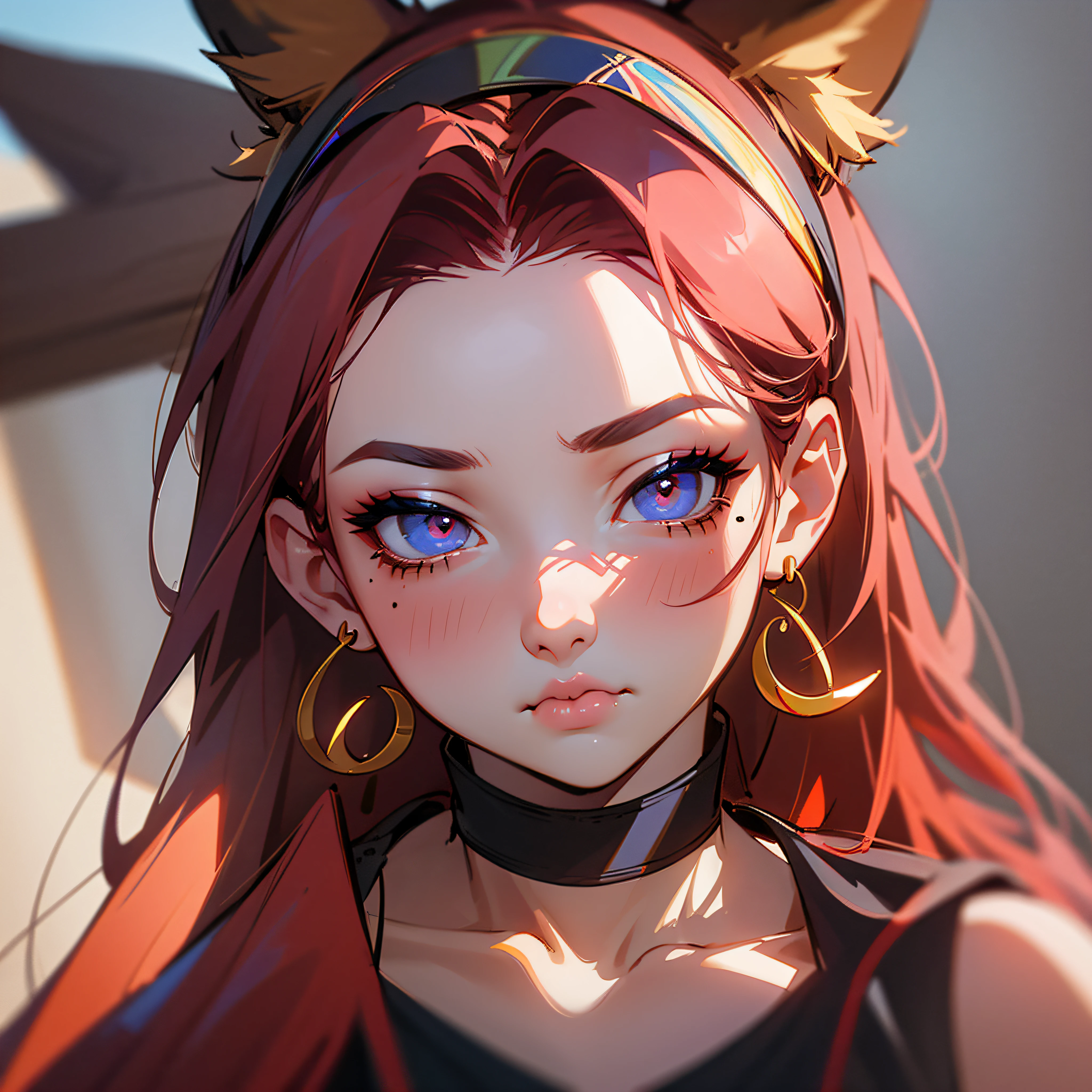 fox ears, pout, covered eyes, streaked hair, red hairband, mole under eye, crescent earrings, makeup, Hyperrealism, chiaroscuro, bust chart, first-person view, UHD, UHD --auto --s2