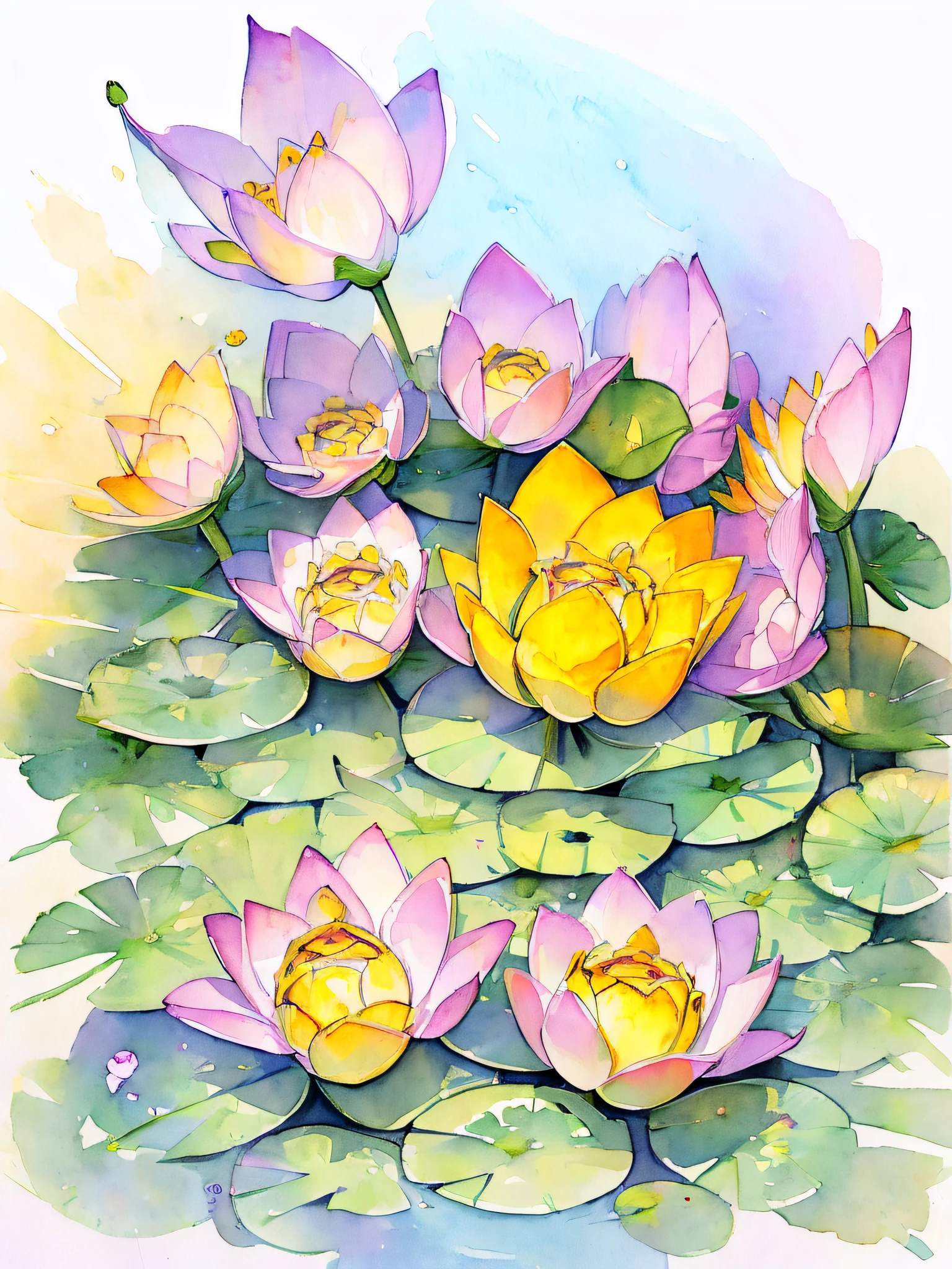 top view lotus flowers on the water surface, highly detailed render, concept art, depth of field, bokeh, octane render, sunny mystical atmosphere Elemental flowers, 32k, watercolor