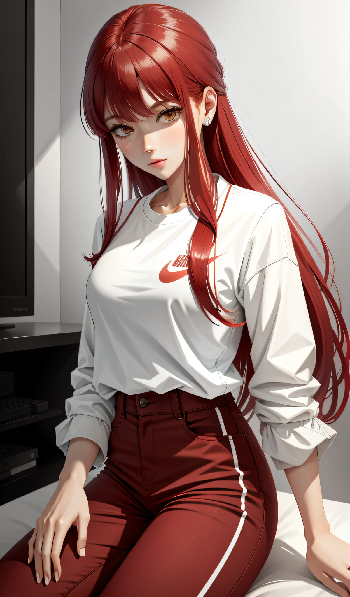a woman in a white shirt and red pants is playing video game, simple style, wearing elegant casual clothes, muted red, simple clothes, milk and red style, casual clothing style, modern fashion outfit, wearing a fisher , casual modern clothing, inspo, red clothes, red pants, neutral tones, rred and white color scheme, casual business outfit, scary face, nike shoes, 22 years old, adult face, long hair, ((red hair))