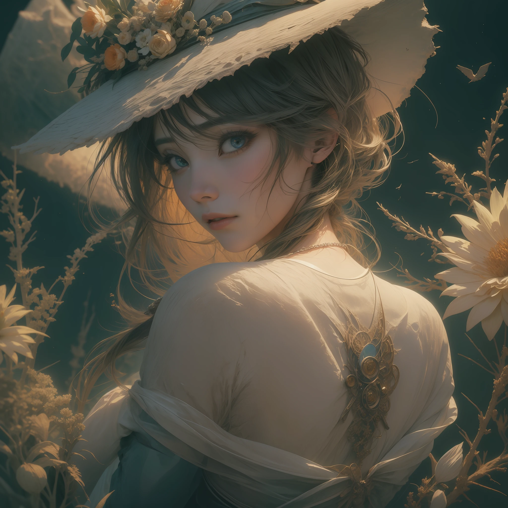 ((hyper detail)) (Real: 1.5), (Raw photo: 1.4), (Photorealistic: 1.3), (Masterpiece), Best Quality, Best Quality, Highly Detailed CG Unity 8k Wallpaper, Detailed and Intricate, Back View, Original, Miraculous Witch, Disturbed Space, Flowers, High Resolution, [:( Detail Face: 1.2): 0.2], Film Grain, (High Detail Skin: 0.9), 8k, Detailed Gradient Background, The Morning of the Beginning