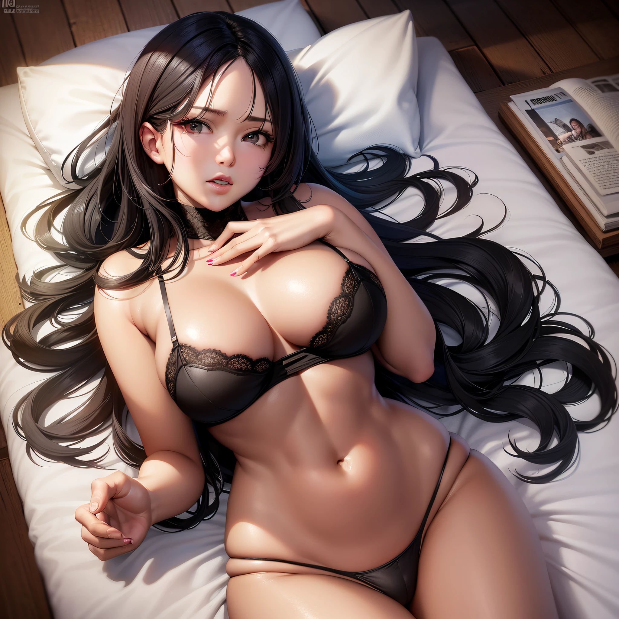 Actress, (high resolution, young black-haired beauty), very micro underwear, soft looking big, tips of clearly visible, body line is very sexy, areola visible, pubic area is clearly visible, crotch wide open, underwear that sticks to wet skin, on bed