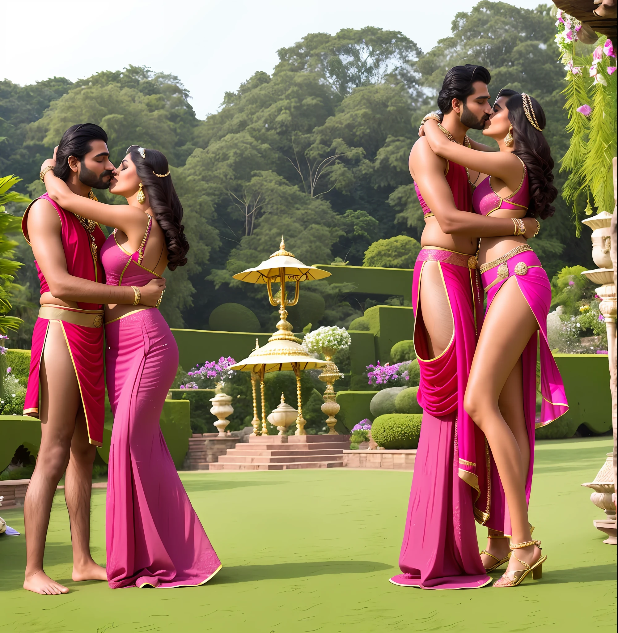 Indian princess show stomach leg. Wear jewellers dress type bikini in garden. With a king. Kissing scenes and hugging. Pure realistic image