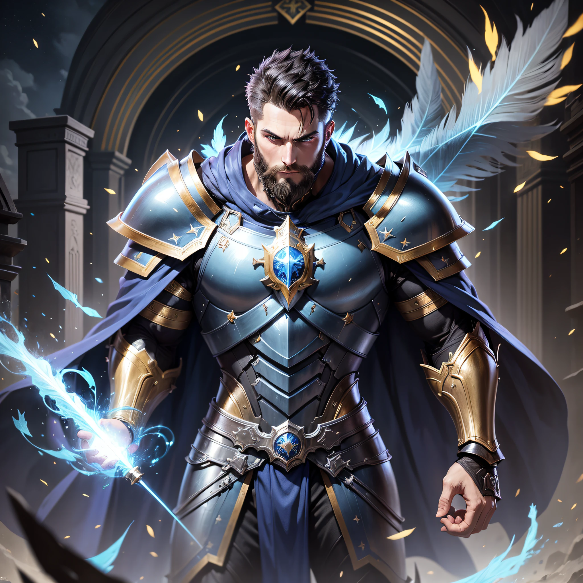 Highest quality, masterpiece, male, black super short hair, blue eyes, armor, cape, brightly colored, bright picture, paladin, muscular, short beard, mature, glowing particle special effects, church, national character face, tall, strong, rough face, falling feathers