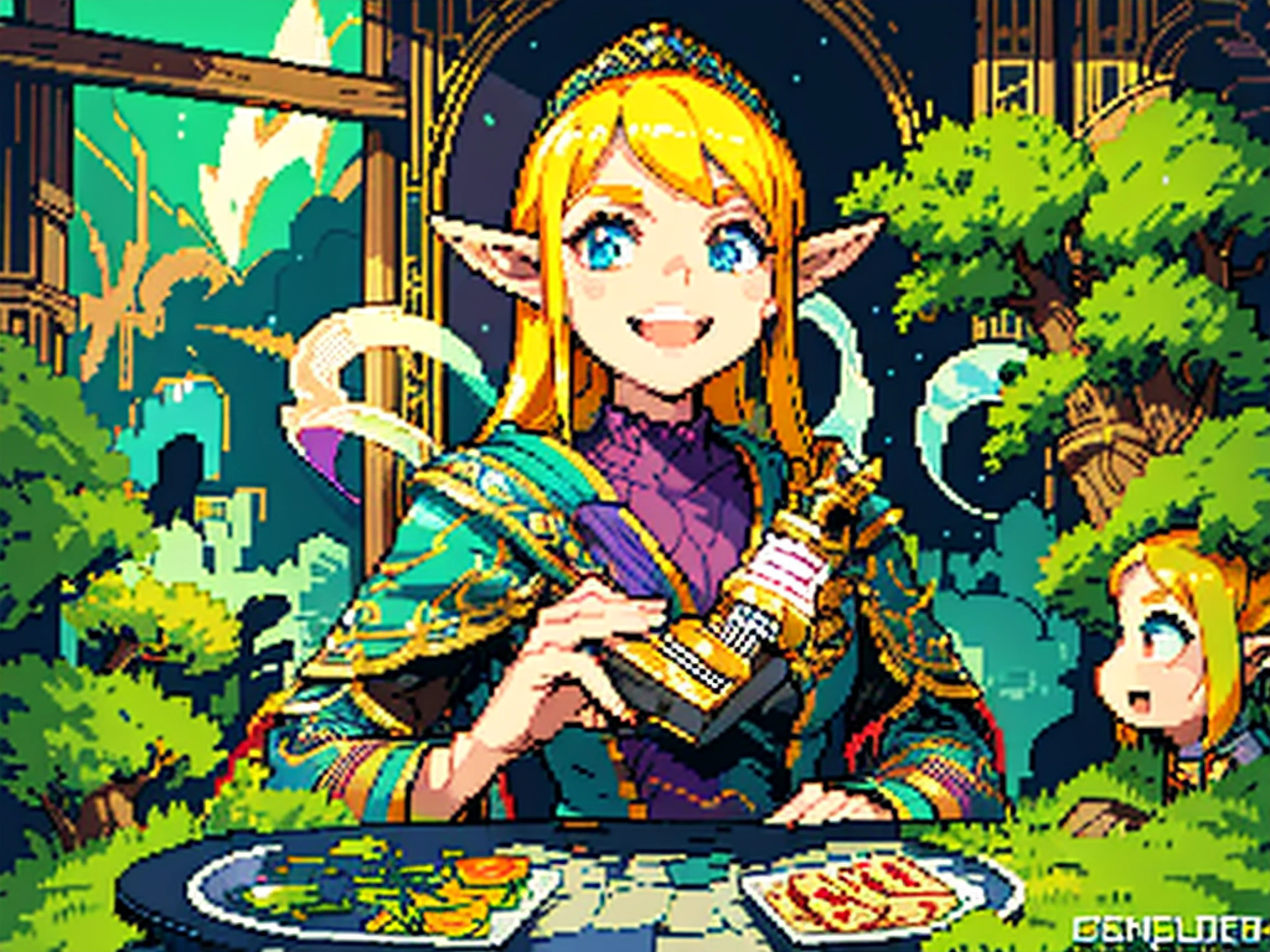 (((pixel art))), pixel style, An otherworldly party,5 people of of 5 different race sit around a round table, they are happy and smile, the table is filled with food likes grilled chicken, salad ,beef ,steak, beer BREAK 5 people are a beautiful blonde elf woman, a short muscle dwarf, a cowboy, a black hair cat girl, and an old wizard BREAK fantasy, otherworldly fantasy, deep fantasy, happy atmosphere,  BREAK,Detailed,Realistic,4k highly detailed digital art,octane render, bioluminescent, BREAK 8K resolution concept art, realism,by Mappa studios,masterpiece,best quality,official art,illustration,ligne claire,(cool_color),perfect composition,absurdres, fantasy,focused,rule of thirds