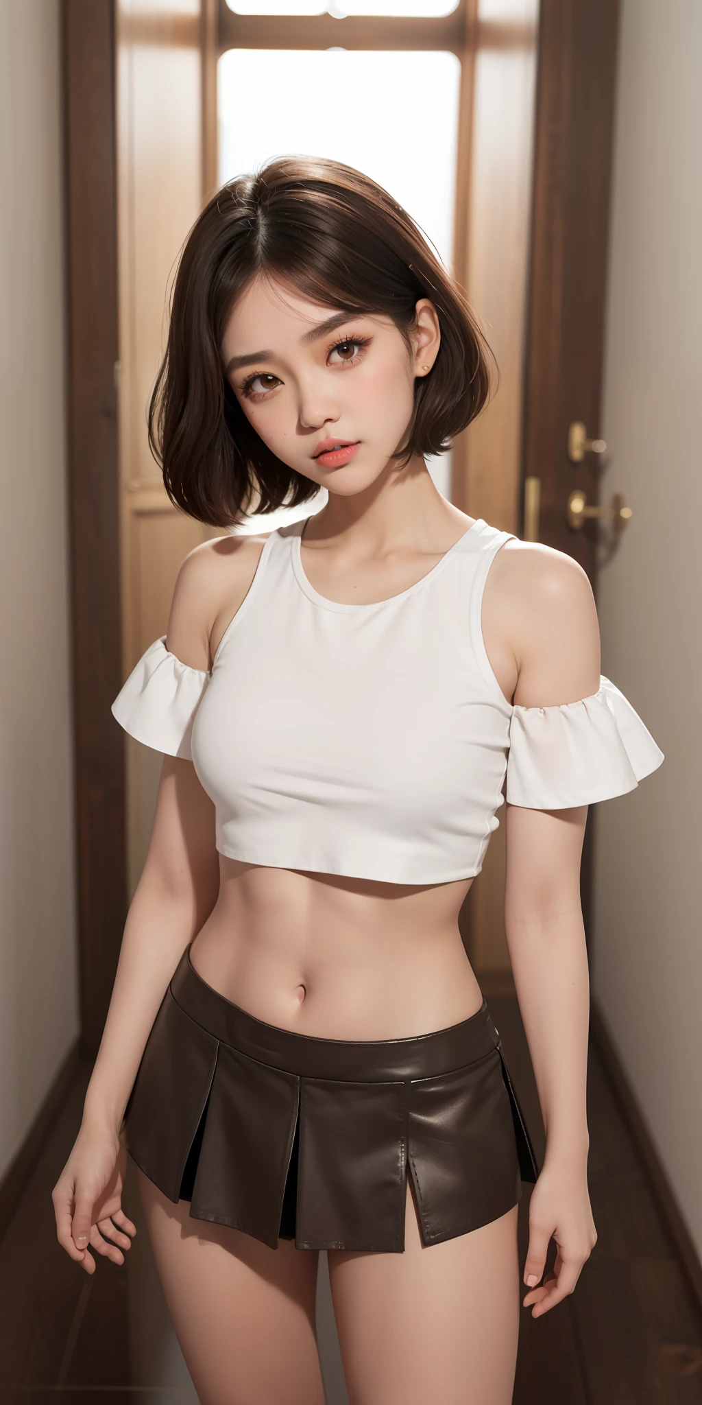 1girl, full body, crop top, mini skirt, blushing, brown eyes, very short brown hair, big boobs, white skin, long eyelashes, eyeshadow, small face, big eyes