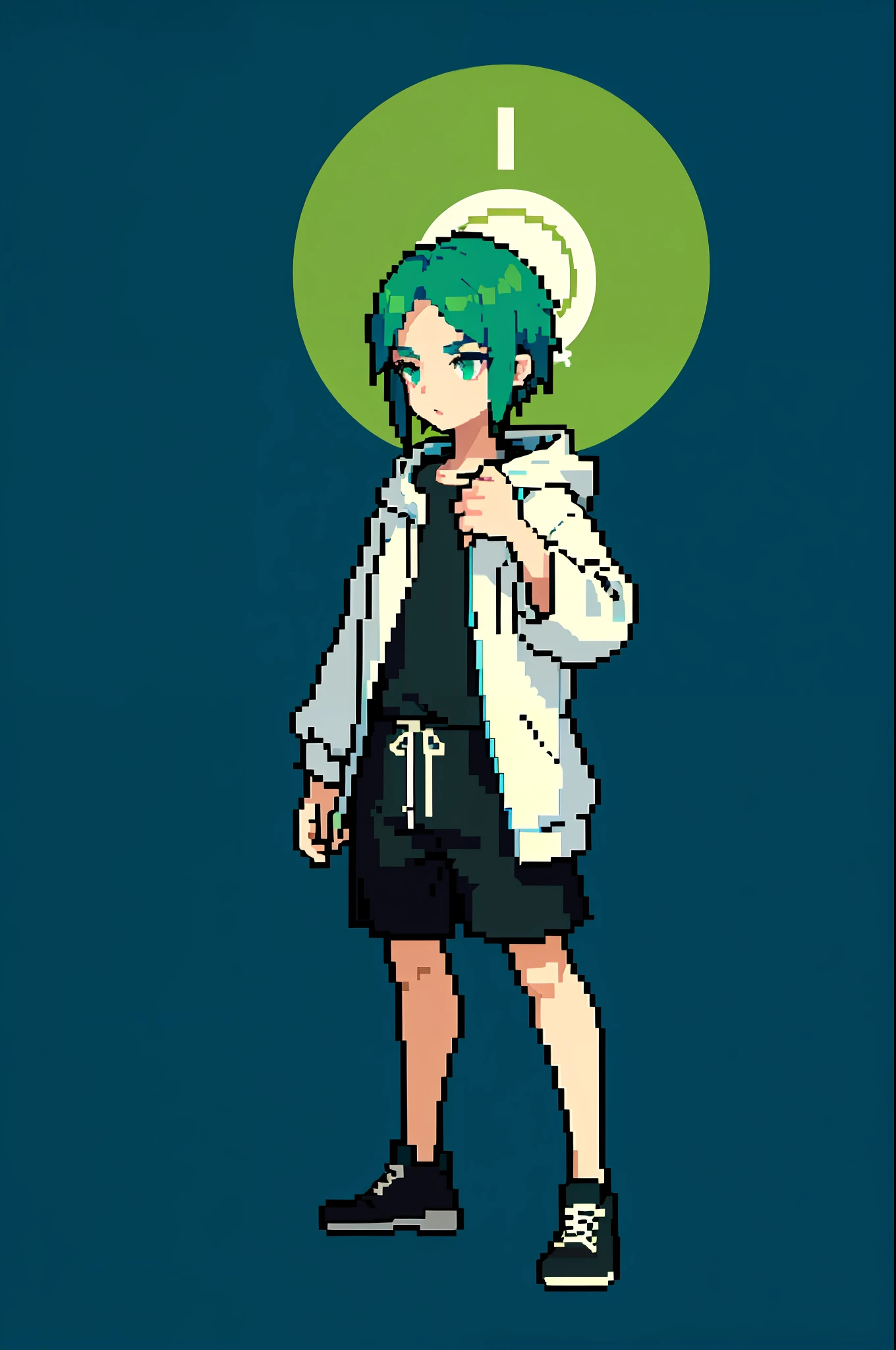(Masterpiece, Top Quality, Best Quality), Pixel, Pixel Art, 1boy, Full Body, Avatar, Black Inch, Dark Green Hooded Sweatshirt, Wheat Complexion, Loose Shorter Shorts, Light Green Solid Background