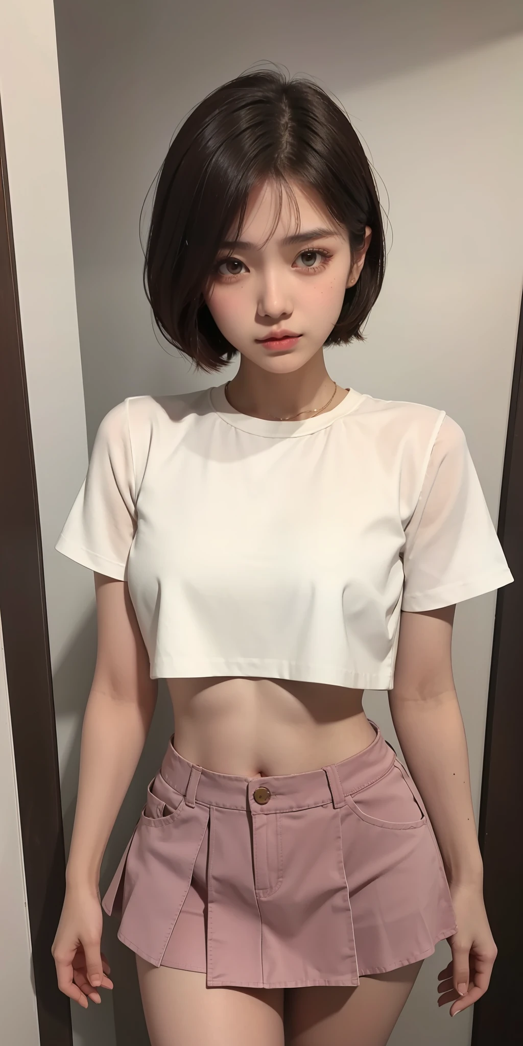 1girl, full body, crop top, mini skirt, blushing, brown eyes, very short brown hair, big boobs, white skin, long eyelashes, eyeshadow, small face, big eyes