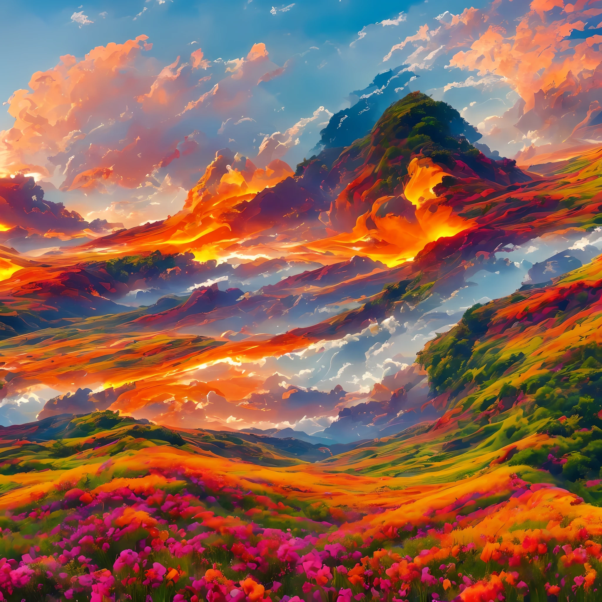 The sky is a sea of fire
That burns the horizon
And it lights up the clouds
With ruby and amber colors

The earth is a green carpet
Who welcomes the steps
And it houses the flowers
With aromas of honey and lavender

The wind is a gentle breath
That caresses the face
And it carries the messages
With sounds of laughter and hope --auto --s2