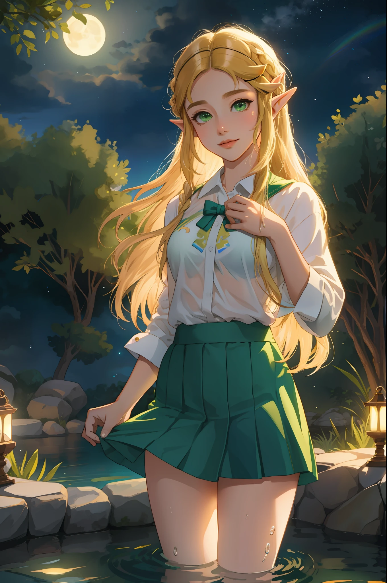 Zelda ((masterpiece)), (illustration), ((best quality)), rainbow color, high resolution illustration, Amazing, highres, intricate detail, extremely detailed CG unity 8k wallpaper ((zelda)), small breast, naked, Blonde long hair, infatuation, (green eyes), NSFW, moonlight, night, in the water, hot spring, sexy short skirt, no panties, wet clothes, transparent clothes, no bra, undressing, lifting skirt