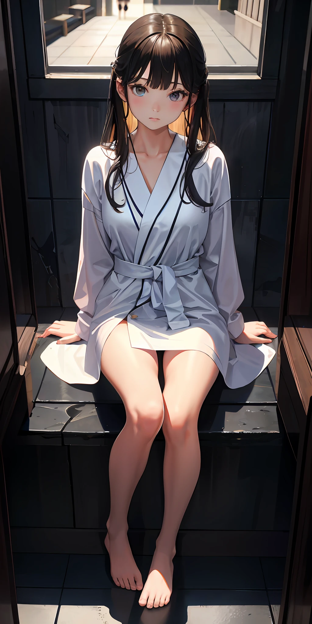 Masterpiece, best quality, high resolution, very detailed, detailed background, 1 girl, looking at the audience, bathroom, sitting, in bathrobe, hands on crotch, transparent, shy, NSFW