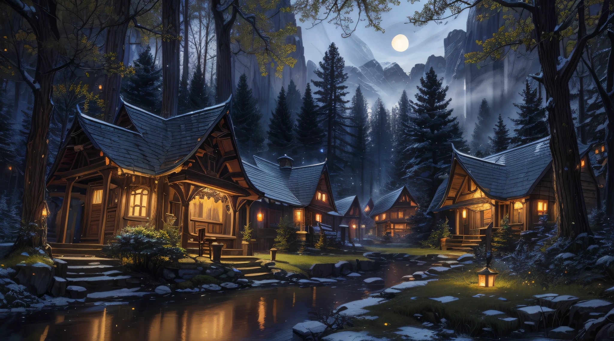 (Best quality),(masterpiece),(ultra detailed),(high detailed),(extremely detailed),quaint and lowkey forest village hideaway and amusement park, mysterious, tucked away deep in the woods, tucked away deep in the tundra, tucked away high in the mountains, tucked away the magic of the oak, tucked away the magic of the moon