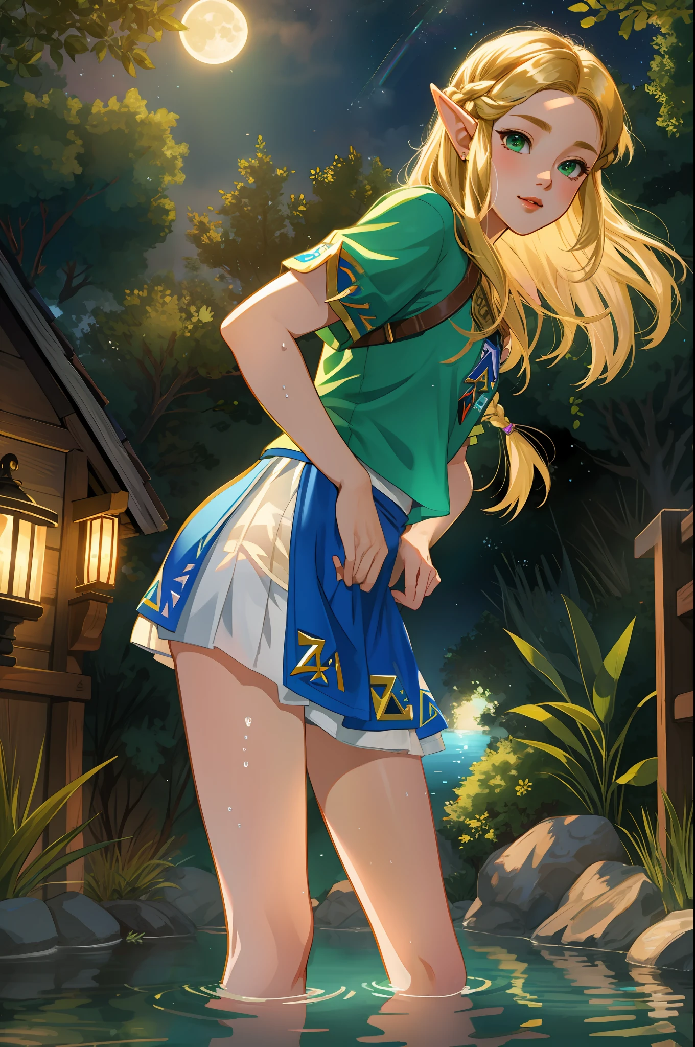 Zelda ((masterpiece)), (illustration), ((best quality)), rainbow color, high resolution illustration, Amazing, highres, intricate detail, extremely detailed CG unity 8k wallpaper ((zelda)), small breast, naked, Blonde long hair, infatuation, (green eyes), NSFW, moonlight, night, in the water, hot spring, sexy short skirt, no panties, wet clothes, transparent clothes, no bra, undressing, lifting skirt