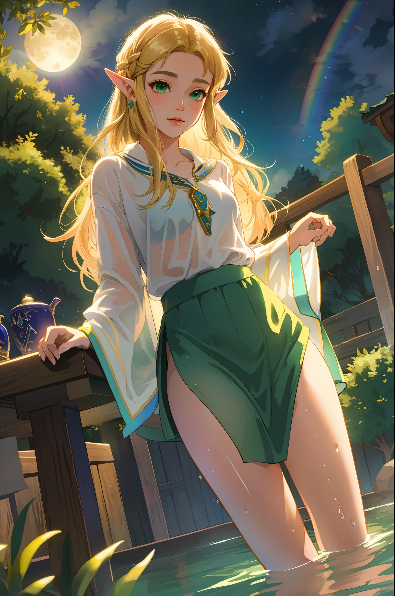 Zelda ((masterpiece)), (illustration), ((best quality)), rainbow color, high resolution illustration, Amazing, highres, intricate detail, extremely detailed CG unity 8k wallpaper ((zelda)), small breast, naked, Blonde long hair, infatuation, (green eyes), NSFW, moonlight, night, in the water, hot spring, sexy short skirt, no panties, wet clothes, transparent clothes, no bra, undressing, lifting skirt