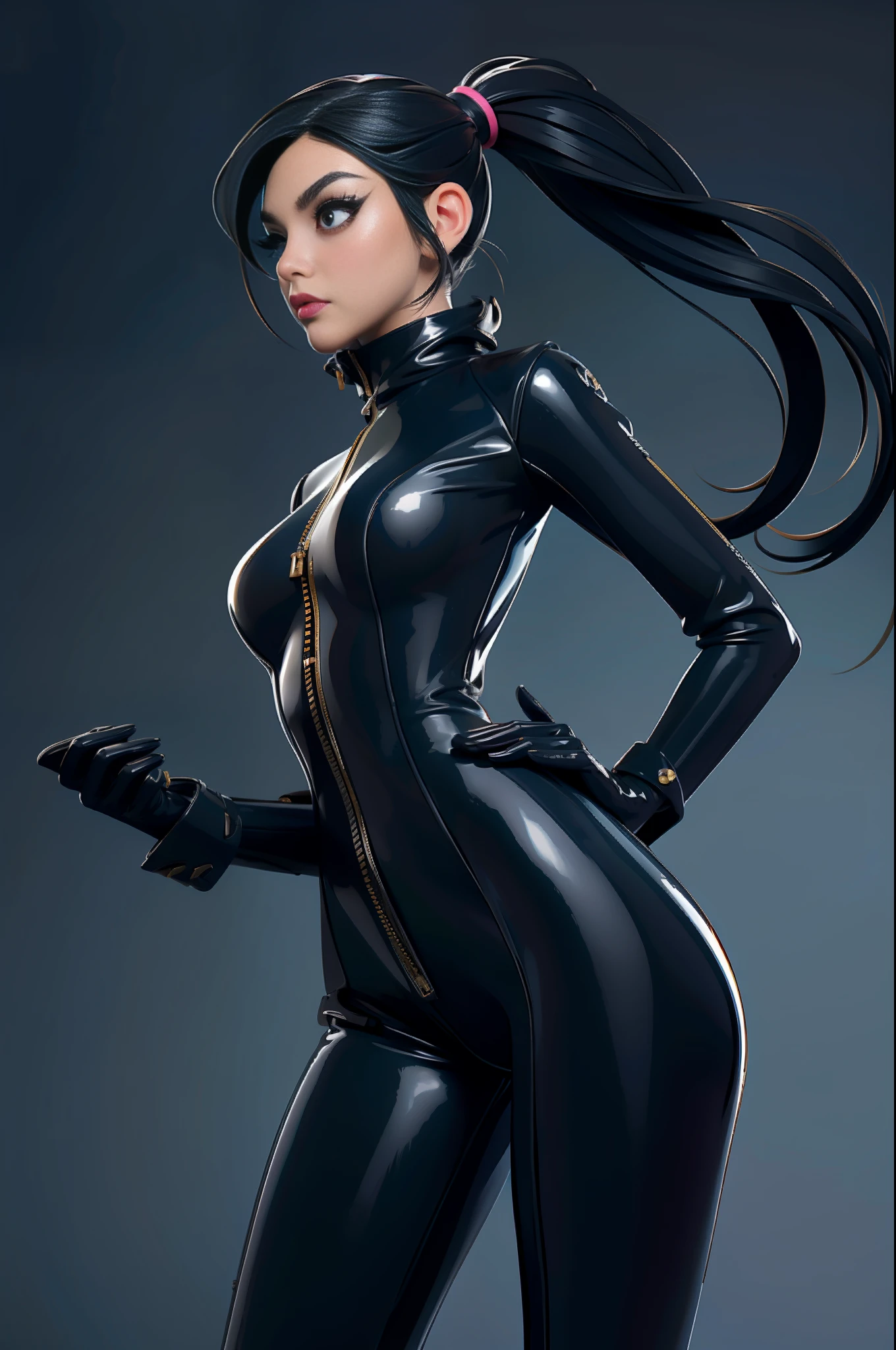 solo, super fine photo, portrait Unreal Engine 5 8K UHD of beautiful and cute girl, pigtail hair, black tight latex catsuit, latex glove, latex arm and leg cuffs, beautiful make up, luxurious, best quality, masterpiece, official art, unified 8k wallpaper, super detailed, sharp focus, dynamic pose, body parts