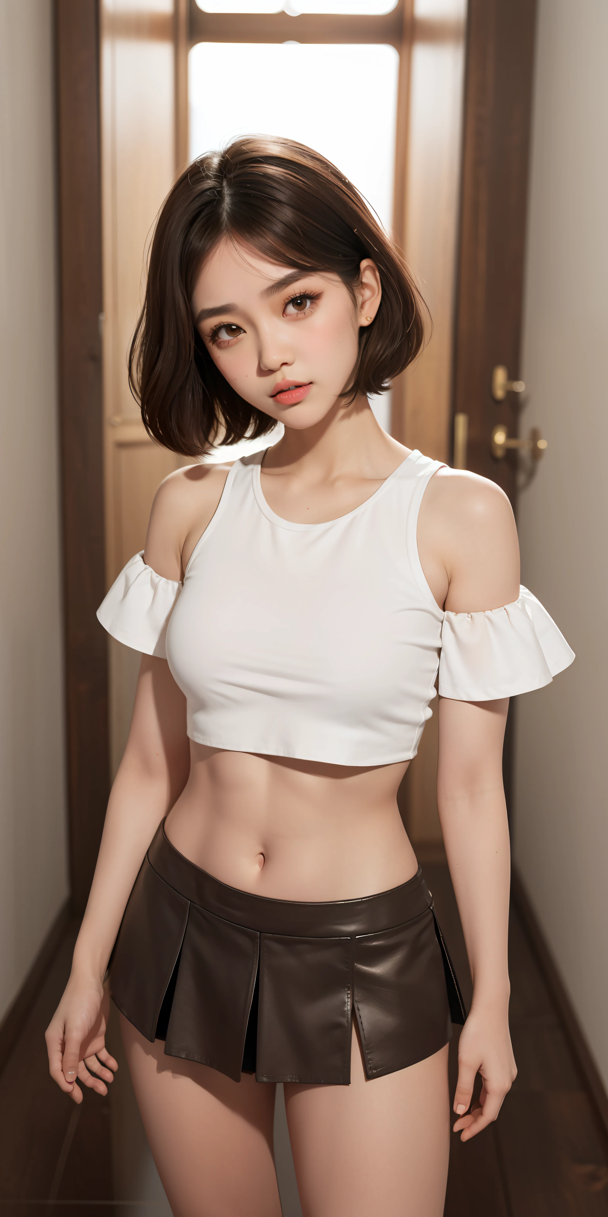 1girl, full body, crop top, mini skirt, blushing, brown eyes, very short brown hair, big boobs, white skin,  long eyelashes, eyeshadow,  small face, big eyes
