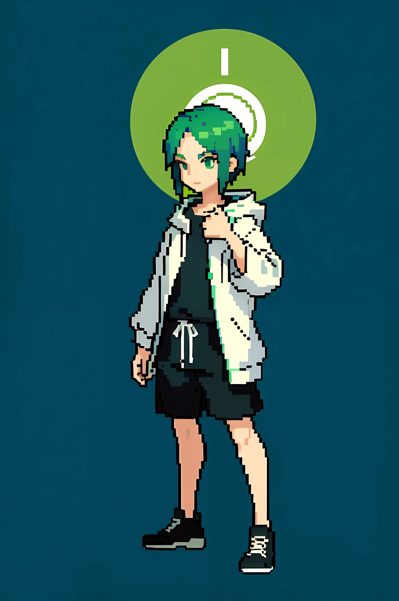 pixel art of a woman with green hair and a white jacket, 2 d sprite, visual novel sprite, sprite 2 d, 2 d anime style, art of kirokaze pixel, full body sprite, #pixelart:3, anime style character, sprite art, hatsune miku short hair, 2 d sprites, full body portrait of a short!