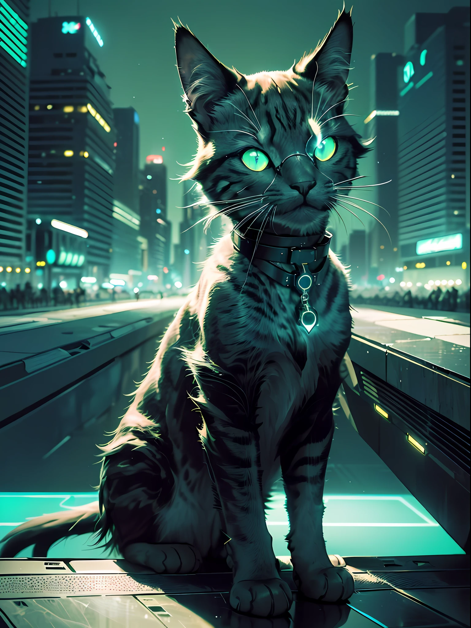 (Sleek and shiny black fur), (sharp and angular facial features), (piercing green eyes visible through the sunglasses), (futuristic-looking sunglasses with a reflective surface), (a confident and composed expression), (graceful movements with a hint of swagger), (navigating the rooftop effortlessly), (surrounded by a futuristic cityscape or neon-lit skyline), (ambient lighting casting shadows and highlights on the cat's fur), (the cat's silhouette against the backdrop of the night sky), (a faint glow emanating from its cybernetic enhancements), (subtle neon accents on the cat's collar or other accessories), (impressive balance and agility), (the cat's presence exuding a sense of mystery and intrigue), (sound of distant sirens or bustling city noise in the background), (an aura of confidence and individuality), (subtle details in the cat's cybernetic features), (an overall futuristic and edgy atmosphere).