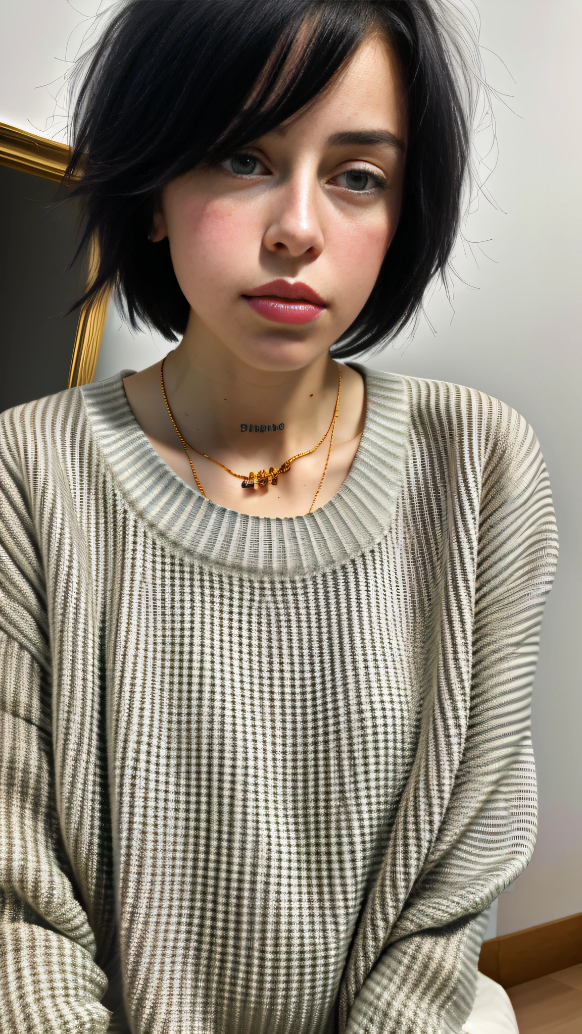 (Best quality, 8k, 32k, masterpiece, UHD: 1.2), photo of a pretty American woman, very short bob hair, upper body, facial focus, oversized_sweater, necklace, simple background, from above, looking at the viewer,