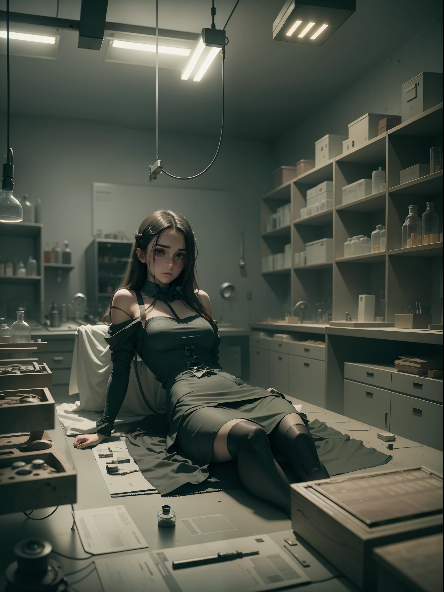 A dark and eerie laboratory with a view focused on a girl lying on the operating table