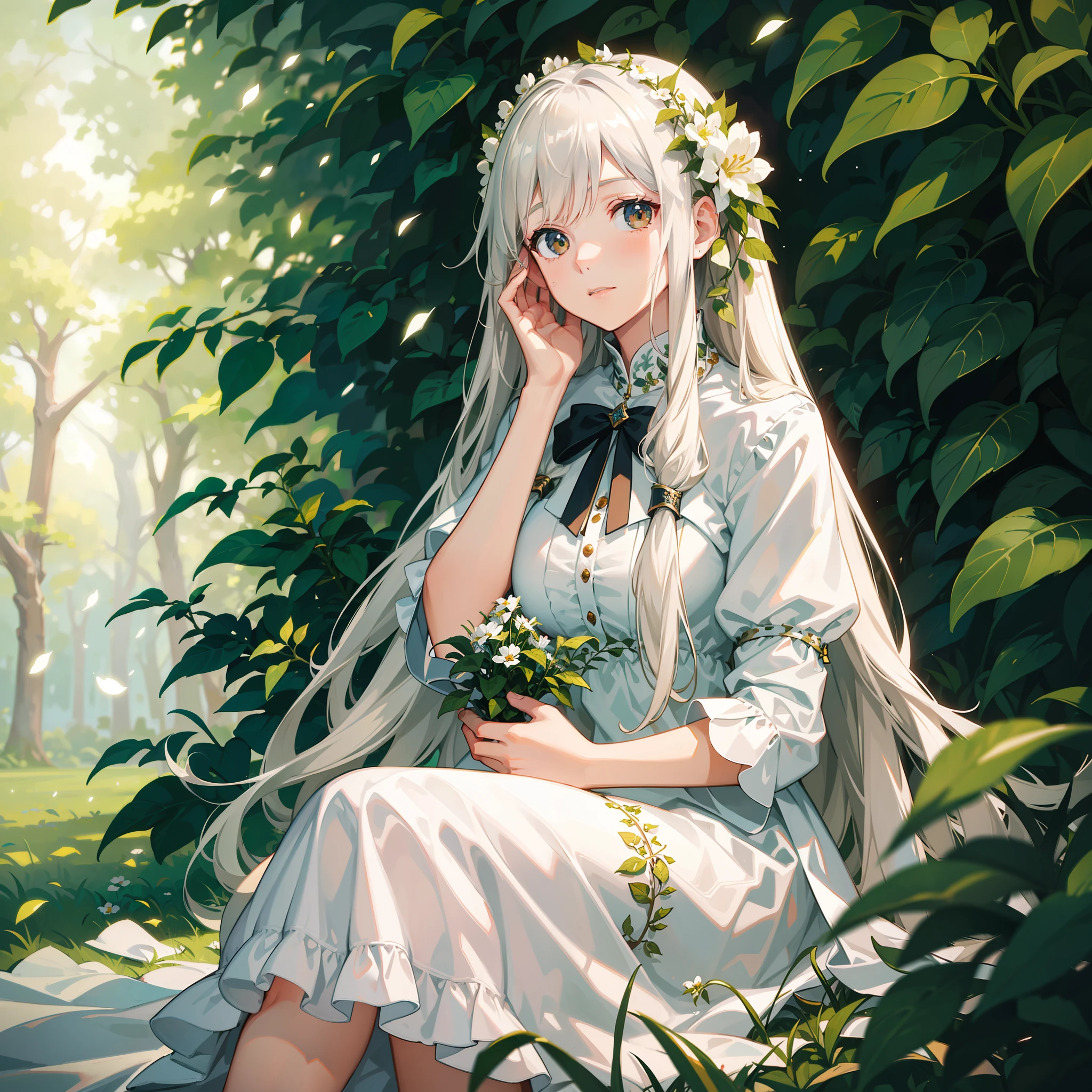 (masterpiece, best quality),1girl with long white hair sitting in a field of green plants and flowers, her hand under her chin, warm lighting, white dress, blurry foreground