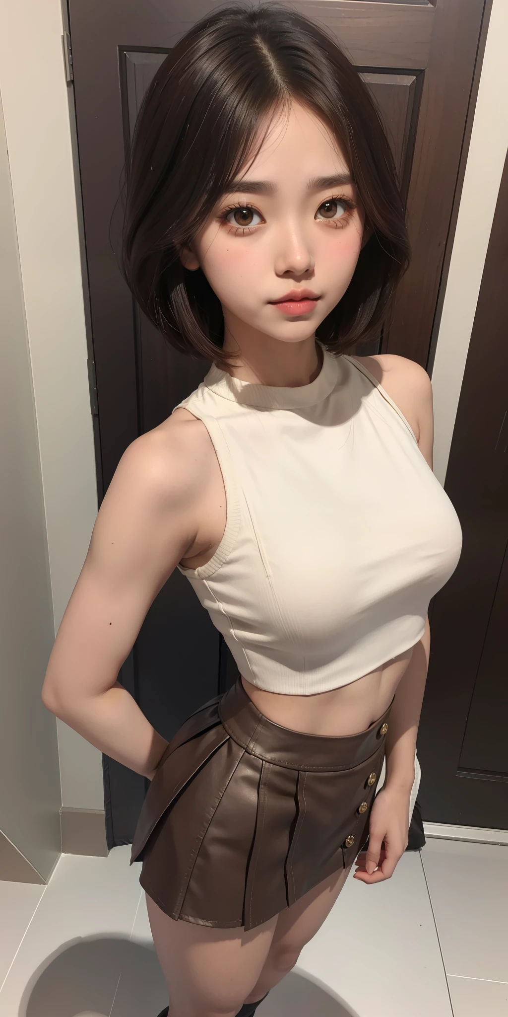 1girl, full body, crop top, mini skirt, blushing, brown eyes, very short brown hair, big boobs, white skin,  long eyelashes, eyeshadow,  small face, big eyes