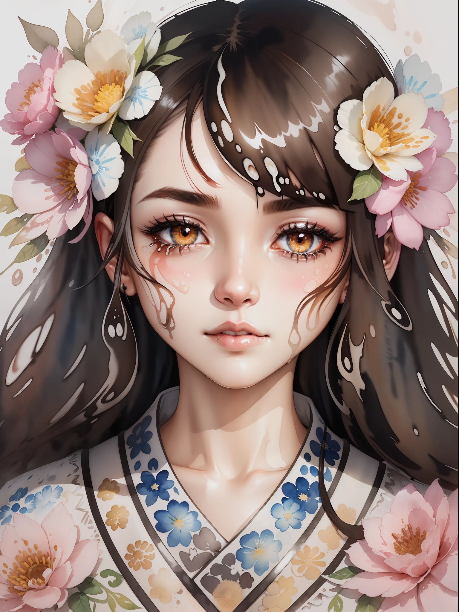(rough handmade sketch) attractive, intricate and very detailed line art, watercolor illustration of female head with ornament made of flowers, floral kimono, tetradic color, colorful and highly detailed dark brown eyes, beautiful eyes, hazelnut colored eyes, black hair, straight and glowing long hair, perfectly centered image, (white background with watercolor splash), Focus on face line, (((dripping watercolor)) ink contour, 32K, highest quality