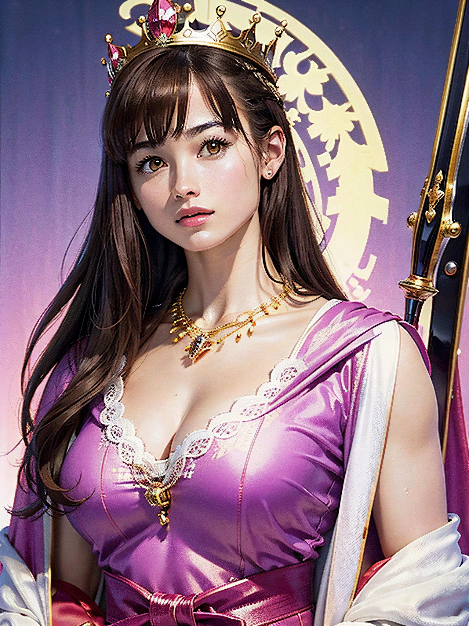(masterpiece, top quality, highest quality, official art, beautiful and aesthetic: 1.2), ultra-detailed complex 3D rendering of face, various poses, ((Huge breasts: 2.4)), (Exposure: 2.1), pink micro bikini, , Perfect figure: 1.4, Slim abs: 1.1, (1 girl), Purple cape lined with fur, abs, detailed crown decorated with jewels: 2.2), cleavage, A detailed jeweled glowing necklace with brown hair, white skin, and a strong and detailed weapon