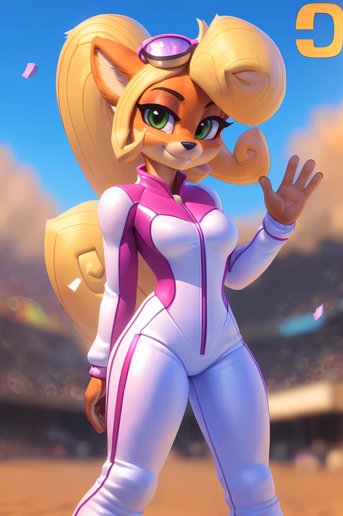 [Coco bandicoot], [Uploaded to e621.net; (Pixelsketcher), (wamudraws)], ((masterpiece)), ((solo portrait)), ((cowboy shot)), ((furry; anthro)), ((detailed fur)), ((raytracing)), ((detailed shading)), ((beautiful 3D art)), {anthro; (orange fur, black nose), cute green eyes, smug smirk, blonde hair, curly ponytail, curly bang, (pink and white race suit; blue lining, curvaceous hips), small boobs, pink high tops), (shades on head)}, (standing; waving at camera), [background; raceway (pitstop, sun rays, confetti)]