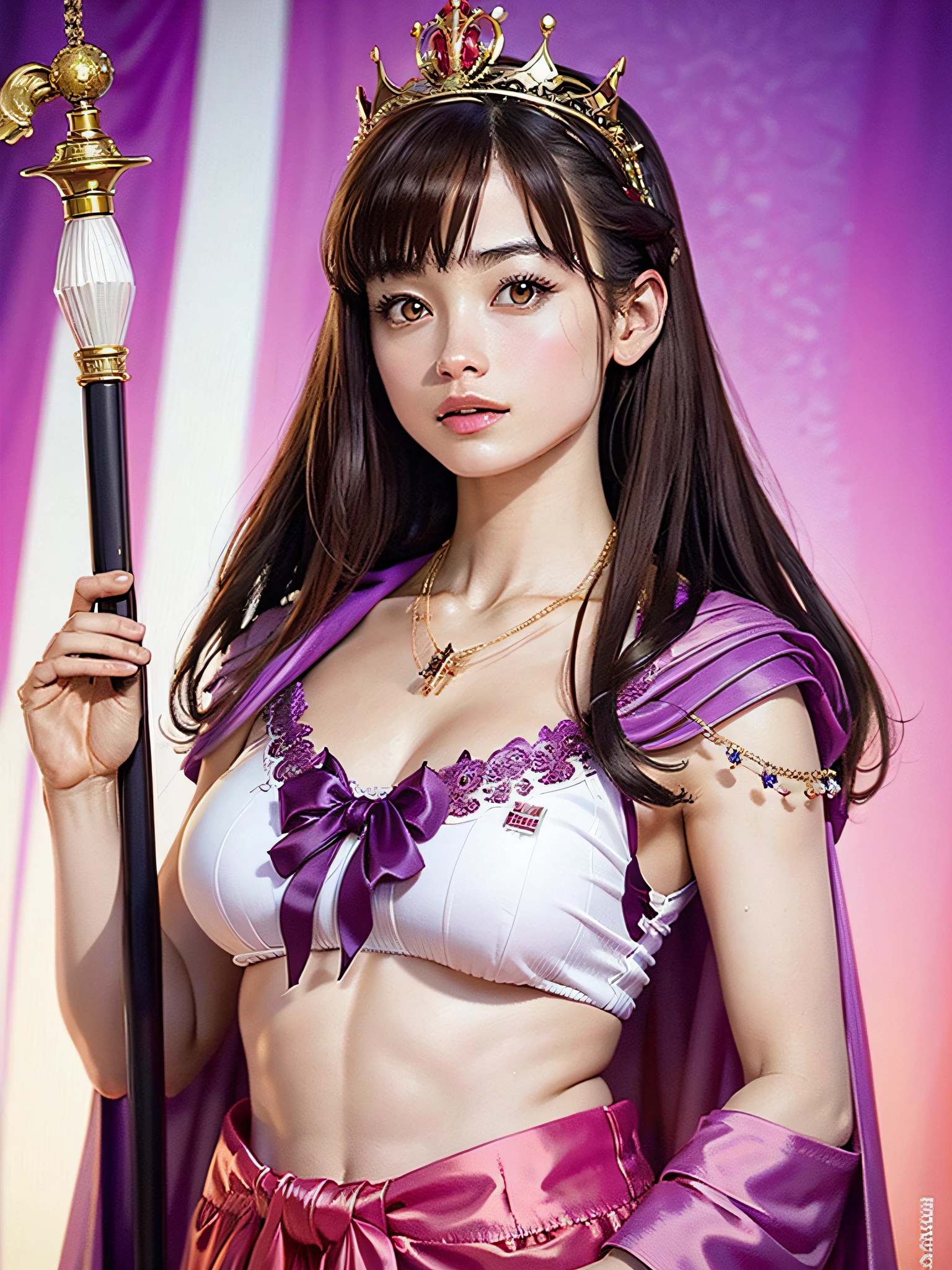 (masterpiece, top quality, highest quality, official art, beautiful and aesthetic: 1.2), ultra-detailed complex 3D rendering of face, various poses, ((Huge breasts: 2.4)), (Exposure: 2.1), pink micro bikini, , Perfect figure: 1.4, Slim abs: 1.1, (1 girl), Purple cape lined with fur, abs, detailed crown decorated with jewels: 2.2), cleavage, A detailed jeweled glowing necklace with brown hair, white skin, and a strong and detailed weapon