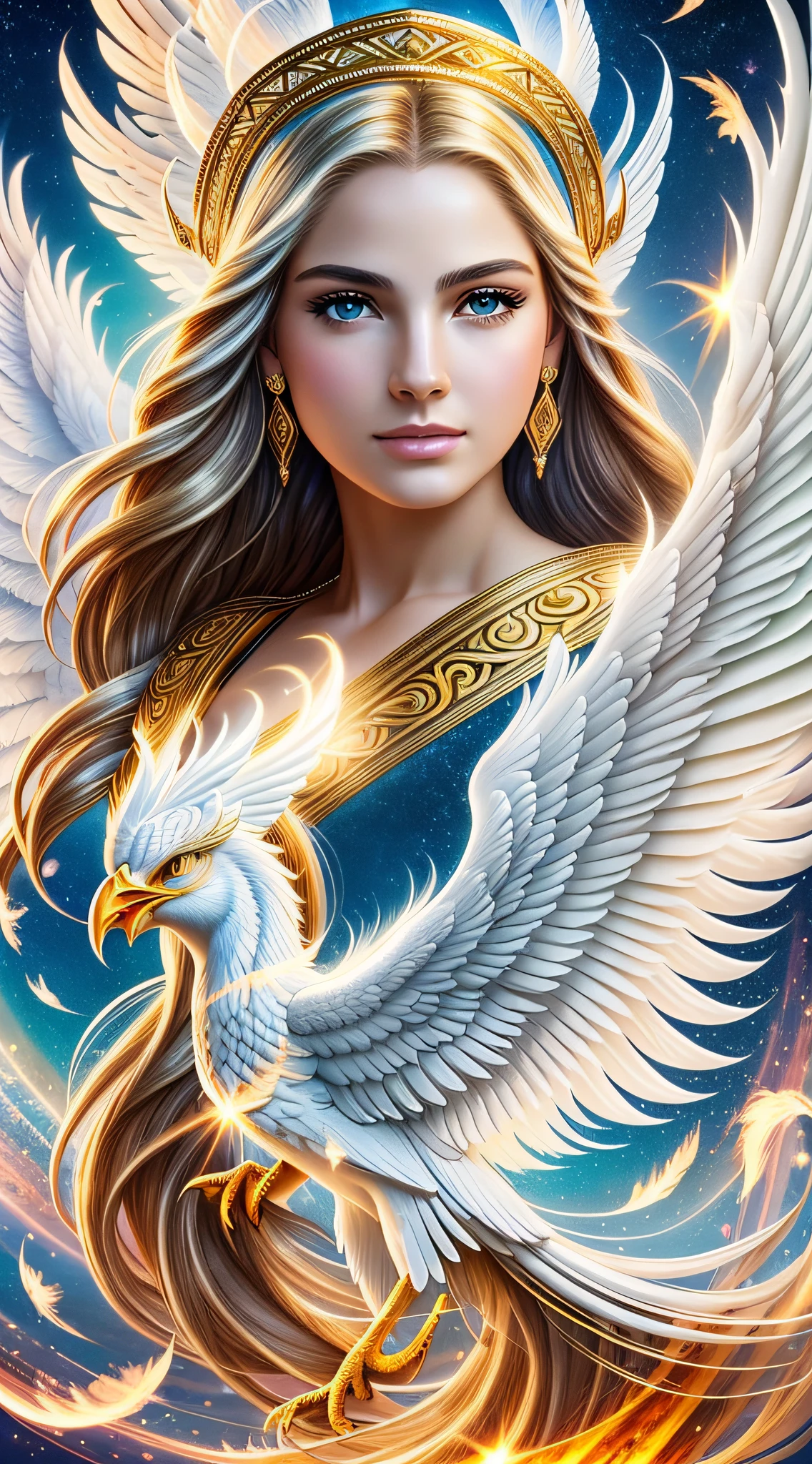Highest image quality, ultra HD, masterpiece, huge white phoenix, phoenix made like clouds, divine bird, extremely beautiful layered feathers, light and shadow, golden particle light, golden particle special effects, aesthetic romance, dreamy highest quality, ultra HD, masterpiece, exquisite CG, face face exquisite details, rich picture layers, clear outlines, face close-up, beautiful, perfect details, best quality, highest image quality, high resolution, HD, 16k, 8k, UHD, HDR, HD