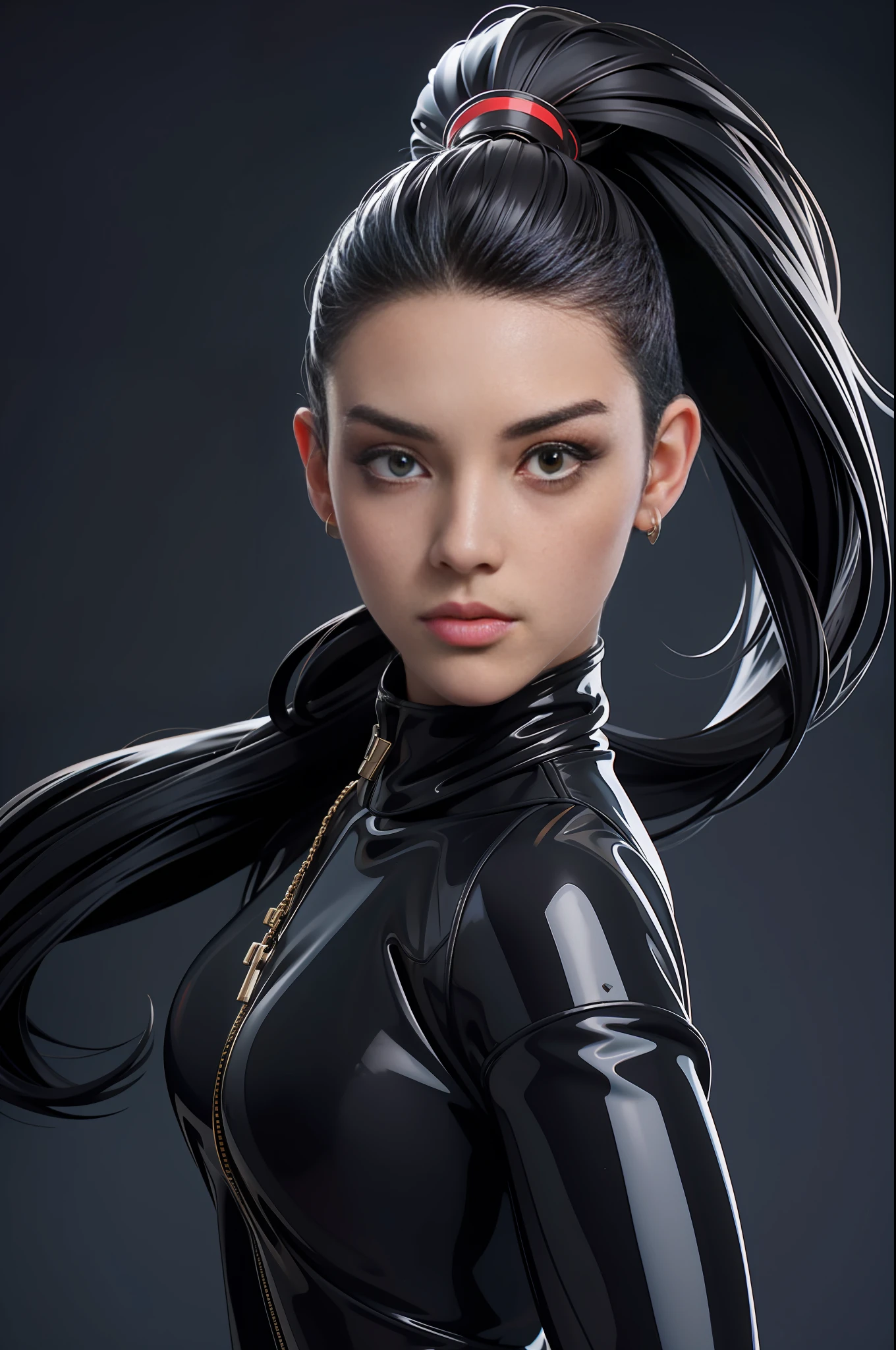 solo, super fine photo, portrait Unreal Engine 5 8K UHD of beautiful and mature girl, gorgeous, ponytail hair, black tight latex catsuit, latex glove, latex arm and leg cuffs, beautiful make up, luxurious, best quality, masterpiece, official art, unified 8k wallpaper, super detailed, sharp focus, dynamic pose, body parts, no extra limbs