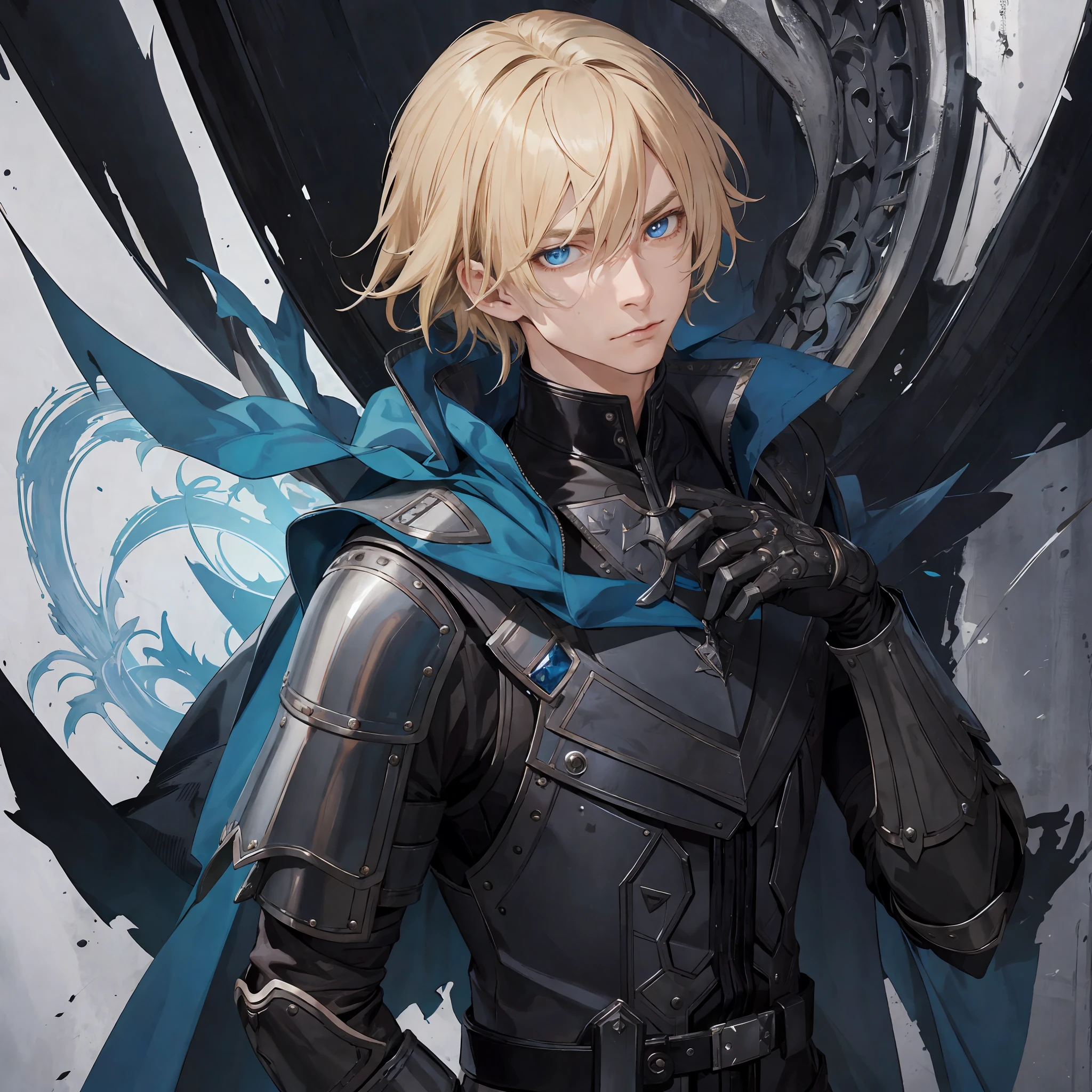 masterpiece, best quality, 1man, adult, male focus, solo, medium blonde hair, vibrant blue eyes, gloves, looking at viewer, cape, High quality metal texture, semi metal armor, closed mouth, black metalic gloves, upper body, bangs, high collar,(kbxll:0.6), Fantasy aesthetics, Highly detailed
