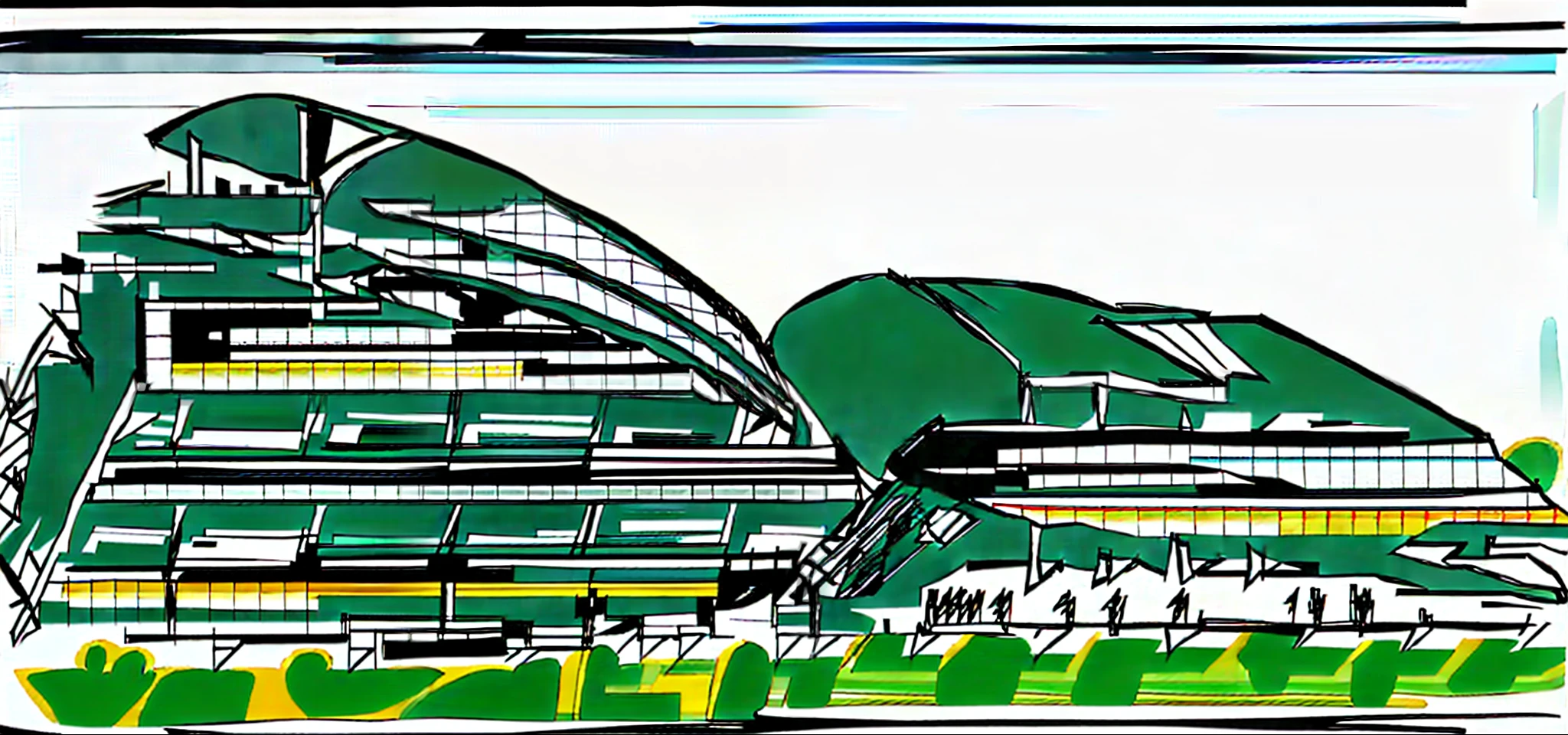 drawing of a building with a curved roof and a green lawn, in style of norman foster, architectural sketch, concept drawing, in style of zaha hadid, architectural concept, in style of zaha hadid architect, colorful architectural drawing, architectural illustration, architectural concepts, artwork of a building, architecture drawing, curvilinear architecture, architectural drawing, inspired by Zaha Hadid