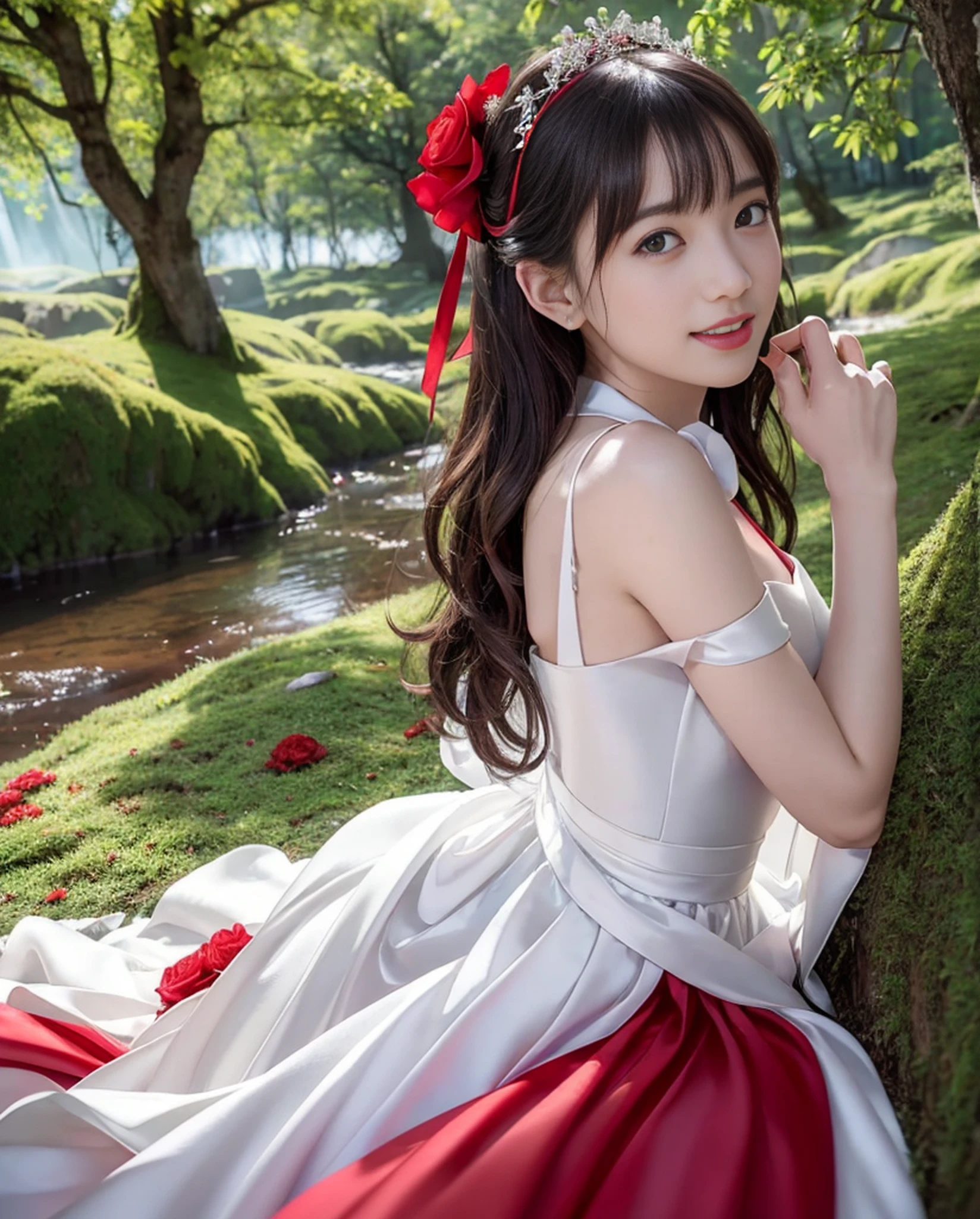 Rose flowers, light eye makeup, ((1)),(((Photorealistic)))))), (((AKB 48)), (Full body photo))), (Lens flare),(Backlight)), ((In the forest)), ((Dark mountain lake))),((Rock in the background))), Corolla,(Smiling)),((NIKON Z))),(19 years old),( Small bust)))), ((((bright red wedding dress))))), ((((Pore feeling)))), (skin feeling)))), (Photorealism: 6, realistic))), (sideways and turning around pose)),Perfect lower body shape, ribbon, hair ornament, pale skin, looking at the viewer, small waist